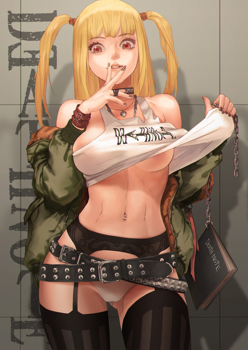 1girls belt blonde_hair breasts chains choker death_note death_note_(object) female_only garter_belt garter_straps goth hand_to_own_mouth inviting long_hair long_nails looking_at_viewer mingyao mingyao misa_amane multiple_belts navel navel_piercing necklace nipple nipple_peek no_pants painted_nails panties piercing red_eyes shinigami_eyes shirt_lift stockings twintails underboob white_panties wristband