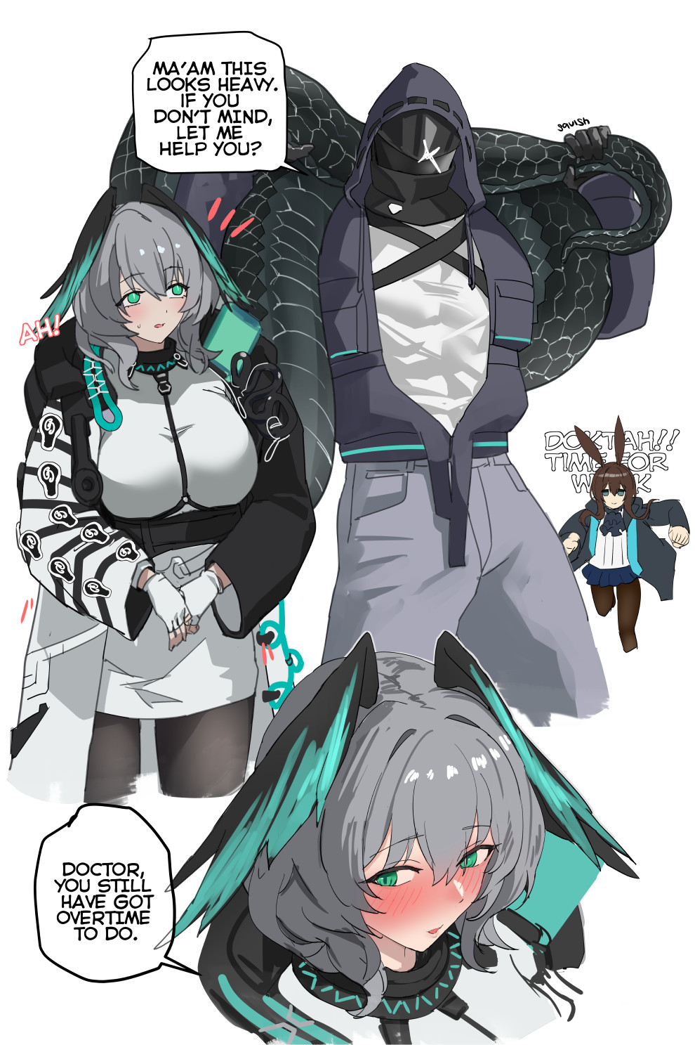 1boy 2023 2girls amiya_(arknights) arknights blazingchaos blush doctor_(arknights) english_text gloves green_eyes grey_hair hi_res ho'olheyak_(arknights) hood jacket large_tail lifting long_tail mask muscular_male red_blush simple_background snake_tail standing tail text