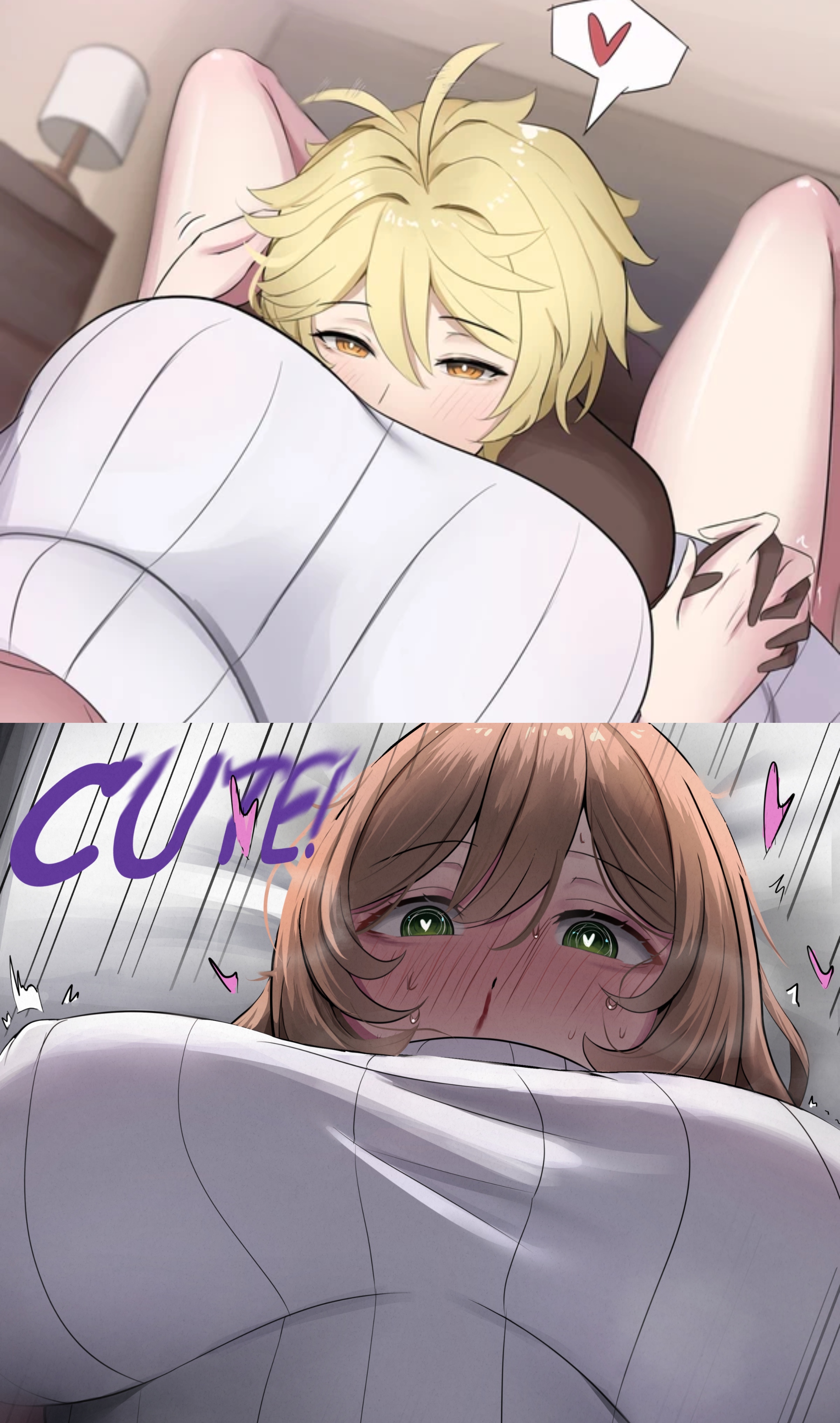 1boy, 1girls, aether (genshin impact), ara ara, big breasts, breasts, busty, cute, english text, female, genshin impact, hans-kun, heart-shaped pupils, holding hands, hug, huge breasts, lisa (genshin impact), male, mature, mature female, milf, nosebleed, smaller male, straight, sweat, sweater, twink, wholesome