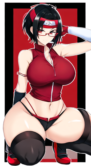 ai_generated anything_diffusion arm_warmers black_hair boruto:_naruto_next_generations clothing curvaceous dezgo_ai female female_only glasses huge_breasts naruto naruto_(series) red_eyes sarada_uchiha squatting thick_thighs thigh_socks thighhighs uchiha_sarada