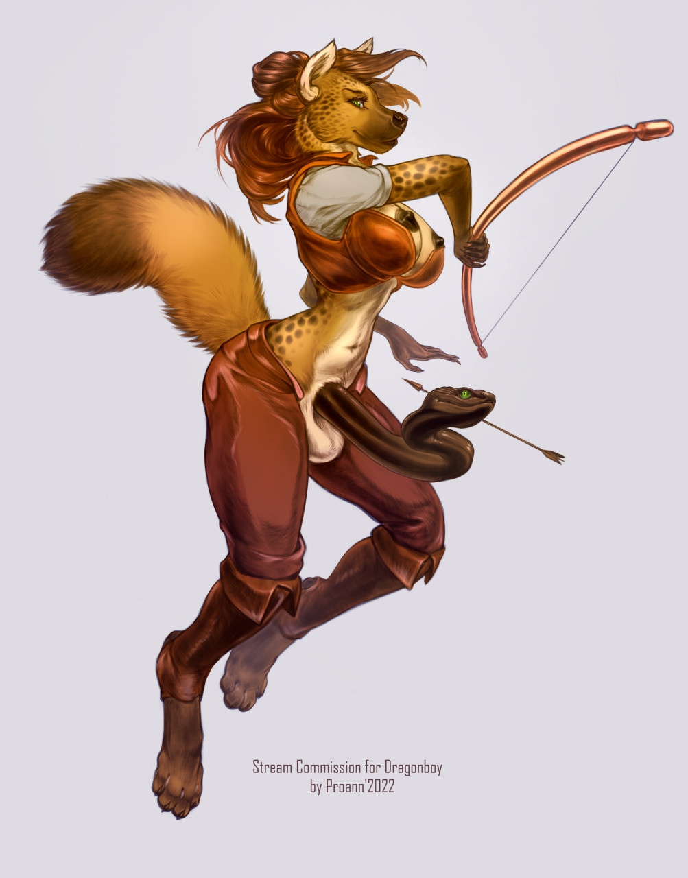 anthro archer arrow_(weapon) balls bottomwear bow_(weapon) breasts brown_body brown_fur canid canine clothed clothing detailed digital_drawing_(artwork) digital_media_(artwork) fur futanari genitals green_eyes hair hi_res hunter hyena intersex ioulia_(valrejn) leather leather_clothing looking_at_viewer mammal nipples nude pants paws penis proann ranged_weapon reptile scalie smile snake snake_penis solo spots spotted_body spotted_fur tail unusual_anatomy unusual_genitalia unusual_penis weapon what y_tail