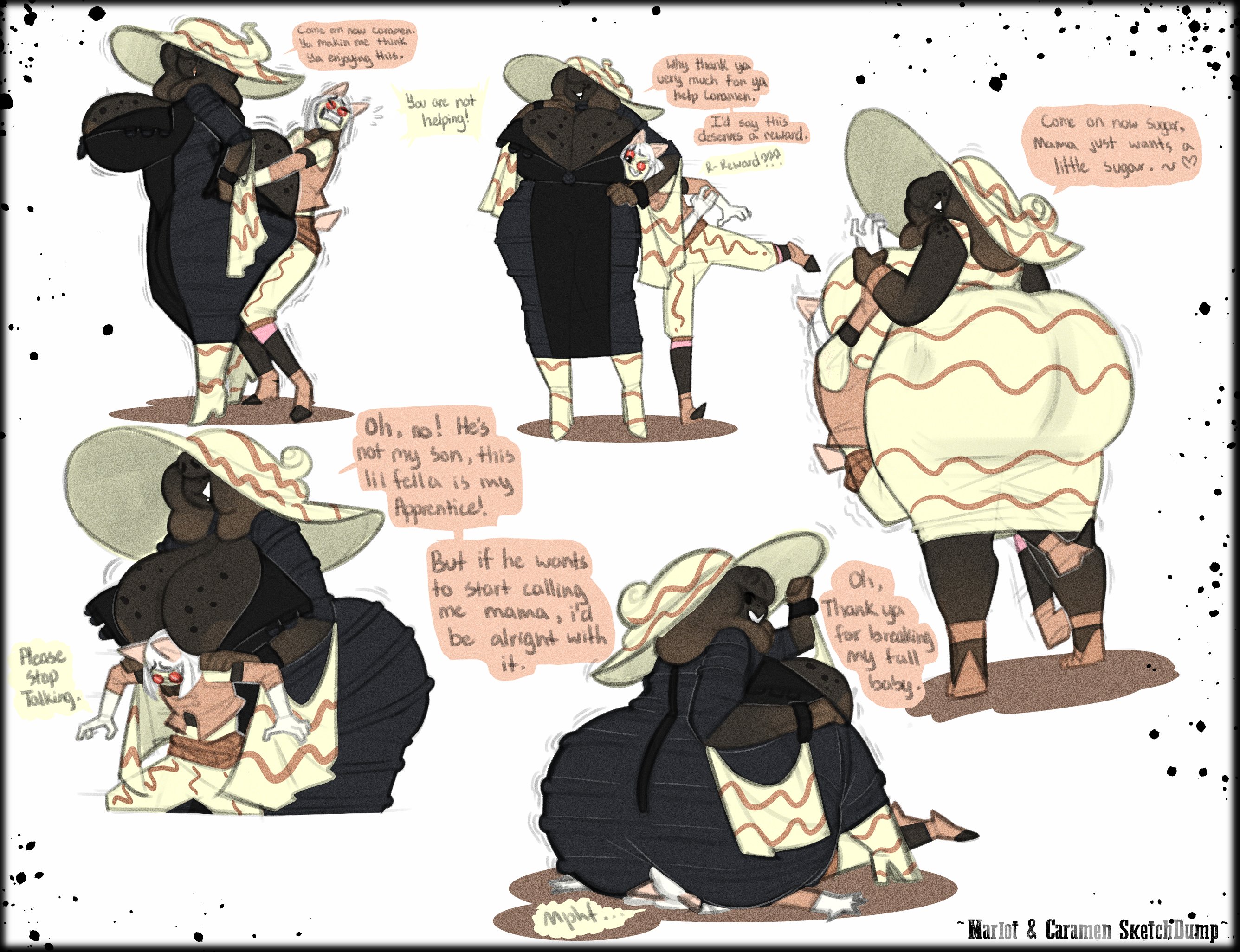 1boy, 1girls, 2021, areola slip, ass, back view, big ass, big breasts, big hat, black skin, bottom heavy, breasts, candy girl, candy humanoid, caramen (dongwongtang), cleavage, dialogue, dongwongtang, dress, duo, duo focus, english text, facesitting, female, front view, fully clothed, gigantic ass, hat, huge ass, huge breasts, large ass, large breasts, mage, male, marlot (dongwongtang), mature female, oc, original, original character, rear view, short hair, size difference, sketch, sketchdump, sorceress, student, teacher, teacher and student, teasing, text, thick thighs, white background, white skin, wide hips