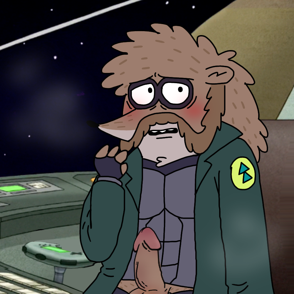 anthro before_masturbatione blush blushing_at_viewer boner brown_fur cartoon_network chest_plate fingerless_gloves fluffy fluids flustered flustered_male furry future_rigby green_clothing male_only mustache panting raccoon regular_show rigby rigby_(regular_show) spacecraft spacecraft_interior