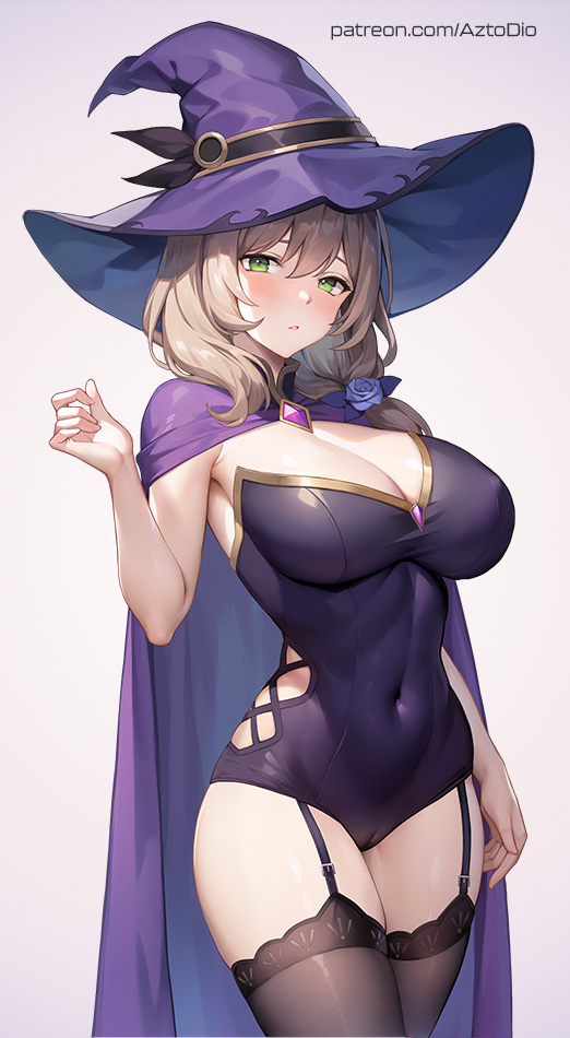 1girls, azto dio, breasts, brown hair, clothed, female, genshin impact, green eyes, hat, huge breasts, large hat, light skin, light-skinned female, lisa (genshin impact), long hair, simple background, thick thighs, wide hips, witch hat
