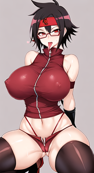 ai_generated anything_diffusion black_hair boruto:_naruto_next_generations breasts_bigger_than_head clothing curvaceous dezgo_ai erect_nipples female female_only glasses huge_breasts naruto naruto_(series) red_eyes sarada_uchiha squatting sweat thick_thighs thigh_socks thighhighs tongue_out uchiha_sarada