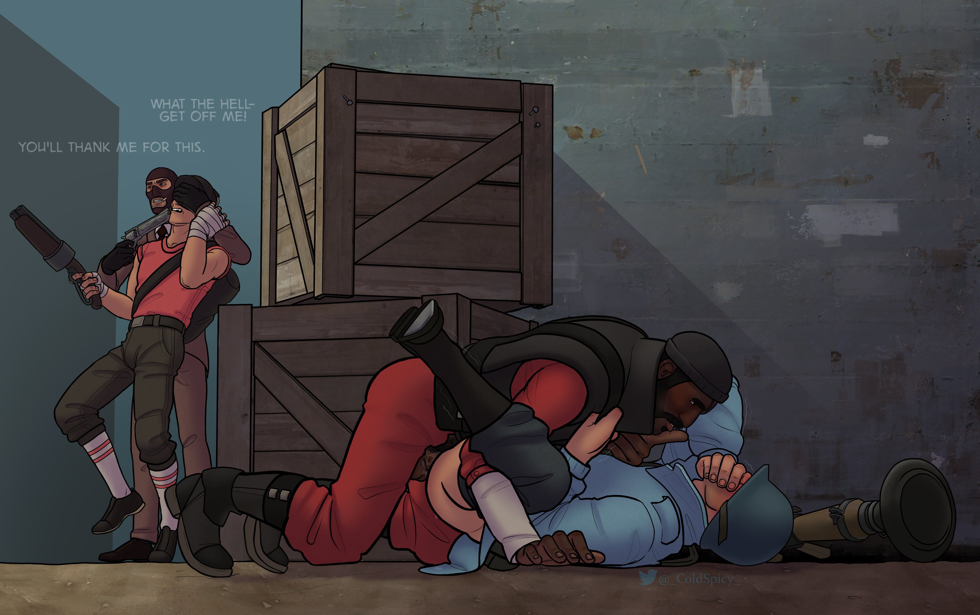 4boys, anal, anal penetration, anal sex, bottomwear aside, buttsex, cameo, clothed, clothing, color, covering eyes, covering mouth, dad of the year, demoman (team fortress 2), dubious consent, duo, duo focus, gay, gay sex, gun, helmet, hi res, hiding, male, male only, male penetrated, male penetrating, male penetrating male, male/male, mating press, multiple boys, multiple males, old male, outside, pants aside, public sex, scout (team fortress 2), sex, shhhhhhh, soldier (team fortress 2), spy (team fortress 2), team fortress 2, weapon, yaoi, yaoi with male audience