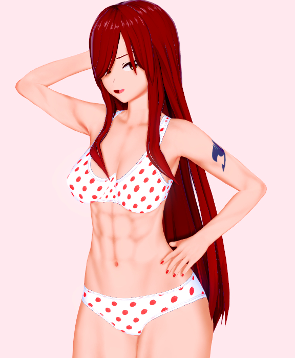 1girls 3d bra erza_scarlet fairy_tail female female_focus female_only light-skinned_female light_skin onagazgreat panties polka_dot_bra polka_dot_panties polka_dot_underwear red_hair simple_background solo solo_female solo_focus underwear white_bra white_panties white_underwear