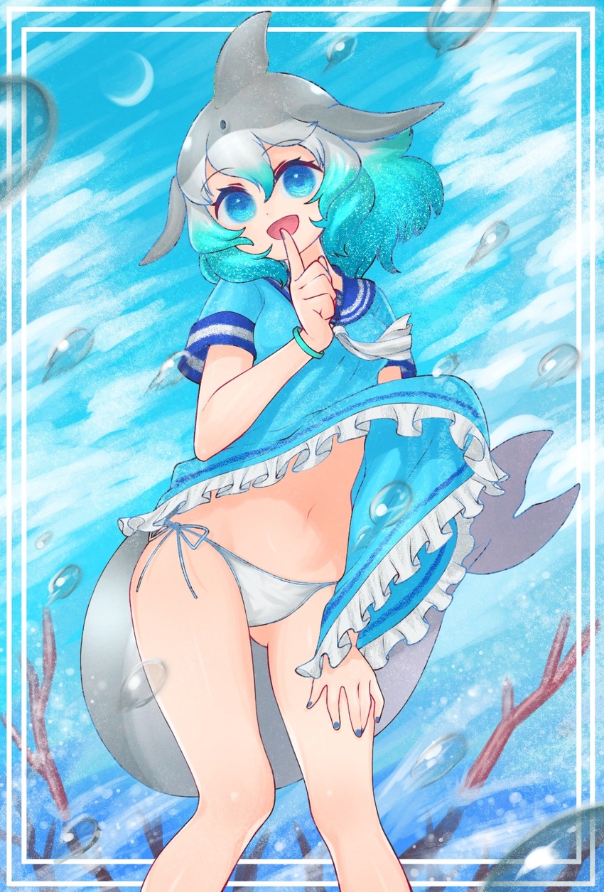 1girls :d aqua_eyes aqua_hair ass ass_visible_through_thighs blowhole blue_eyes blue_hair cetacean cetacean_tail clothes clothes_lift commentary_request common_bottlenose_dolphin_(kemono_friends) dolphin dolphin_girl dress dress_lift female female female_only fingers fingers_to_mouth gray_hair grey_hair happy happy_female highres kemono_friends looking_at_viewer manicure multicolored_hair navel no_sex notora panties pants sailor_collar shushing side_tie_panties skirt skirt_lift smile smiling solo solo_female string_panties tail underwater underwear white_panties wind wind_lift