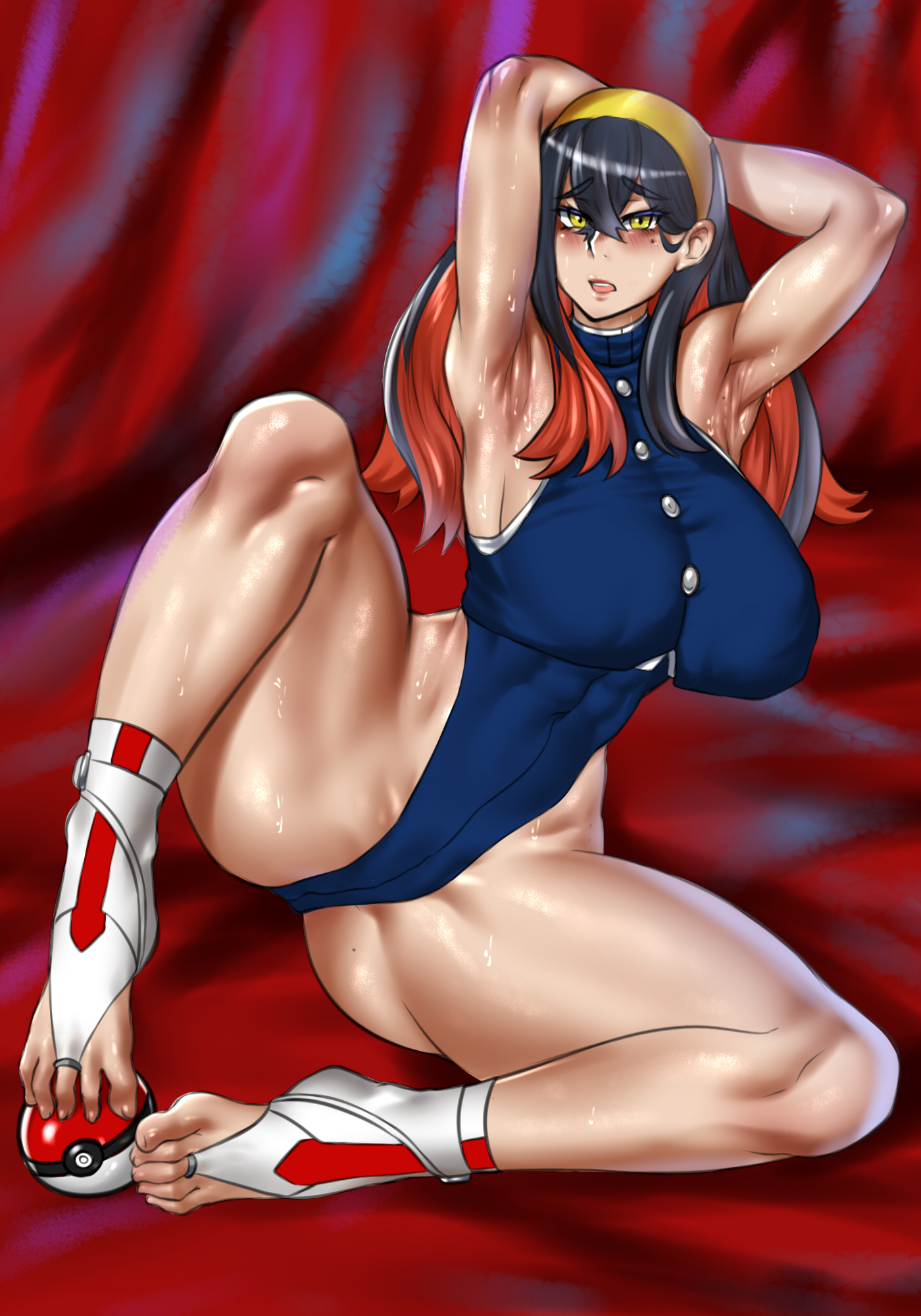 1girls, alternate breast size, arms behind head, big breasts, breasts, busty, carmine (pokemon), cloire clover, curvaceous, curvy, curvy body, curvy female, curvy figure, female, game freak, hands behind head, huge breasts, large breasts, mole, mole under eye, nintendo, pokeball, pokemon, pokemon (game), pokemon sv, thick thighs, thighs, voluptuous