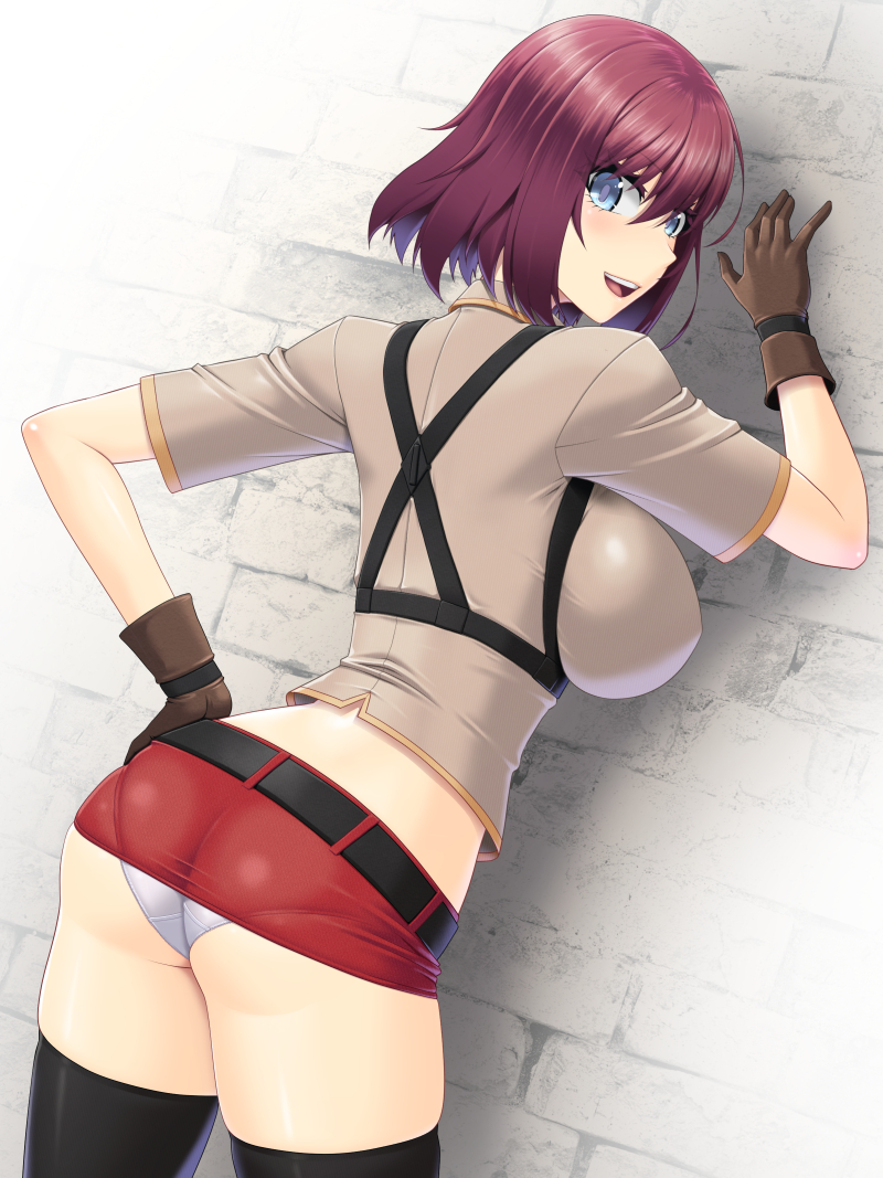 1girls 2023 abu ass blue_eyes breasts female female_only from_behind fully_clothed gloves hand_on_hip looking_at_viewer looking_back miniskirt original panties pantylines pantyshot pantyshot_(standing) red_hair revealing_clothes short_hair standing stockings tagme thighhighs thighs tight_clothing tight_skirt white_panties