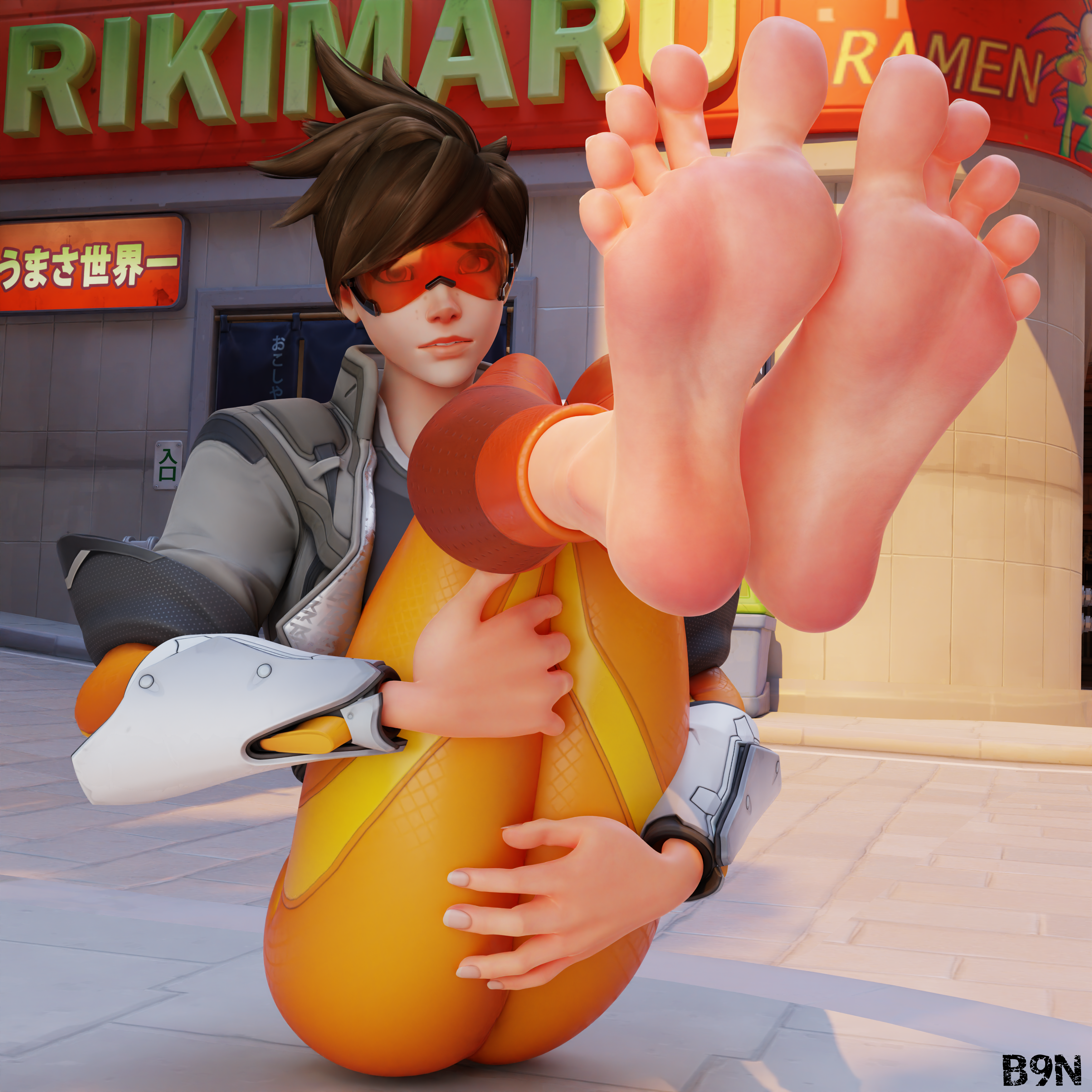 1girls, 3d, b9n, barefoot, big feet, blender, feet, feet together, feet up, female, foot fetish, foot focus, fully clothed, holding legs, lena oxton, long toes, overwatch, overwatch 2, soles, solo, solo female, toes, toes spread, tracer