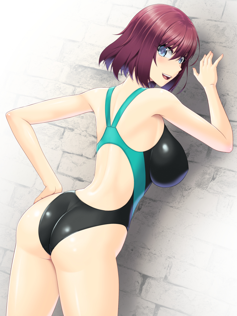 1girls 2023 abu ass blue_eyes breasts competition_swimsuit from_behind hand_on_hip looking_at_viewer looking_back one-piece_swimsuit original red_hair shiny_clothes short_hair standing swimsuit tagme thighs tight_clothing