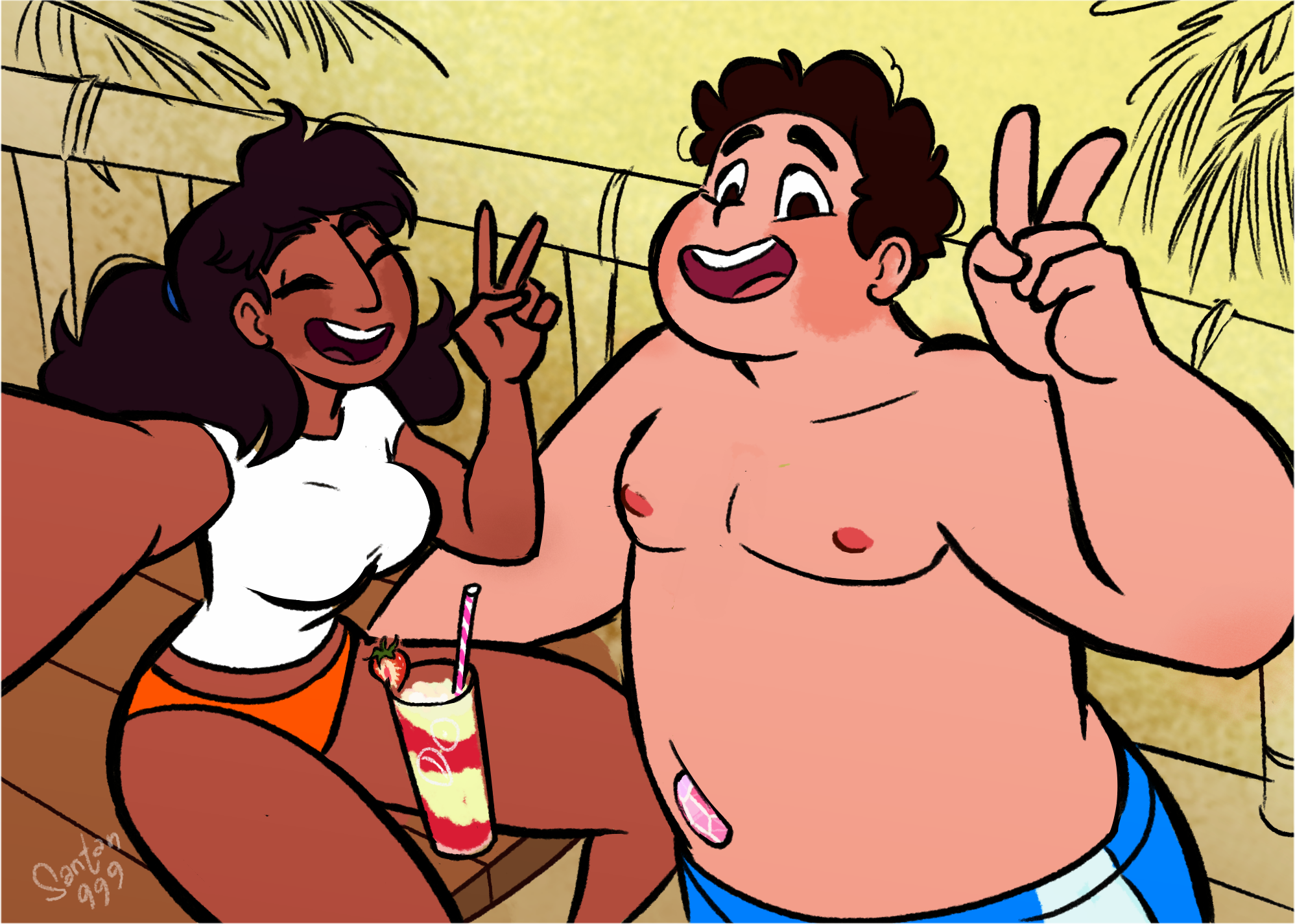 bigger male, bikini bottom, canon couple, chubby male, closed eyes, connie maheswaran, dark skin, dark-skinned female, fat male, female, light skin, light-skinned male, male, peace sign, safe for work, santan999, smiling at viewer, steven quartz universe, steven universe, thick thighs, topless, wholesome