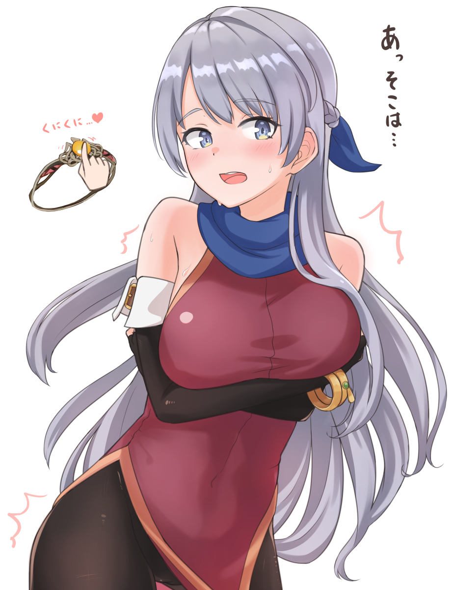 1girls bangs bare_shoulders blue_eyes blush cameltoe cowboy_shot fire_emblem fire_emblem:_radiant_dawn fire_emblem_engage gameplay_mechanics hair_ribbon japanese_text long_hair micaiah_(fire_emblem) navel navel_visible_through_clothes nintendo open_mouth ribbon ring scarf silver_hair teasing teijirou text tights translation_request white_hair