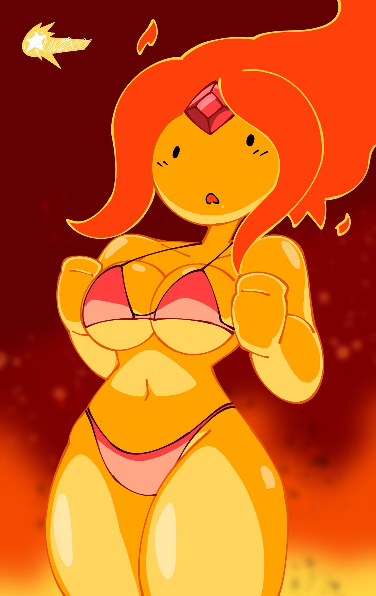 adventure_time arms_up bikini bikini_bottom bikini_top blurred_background blush blush_lines dot_eyes fire_elemental fire_girl flame_princess gem gem_on_forehead gemstone open_mouth orange_hair quintzeee_(artist) quintzy_xd shiny_skin simple_eyes simple_face yellow_body yellow_skin