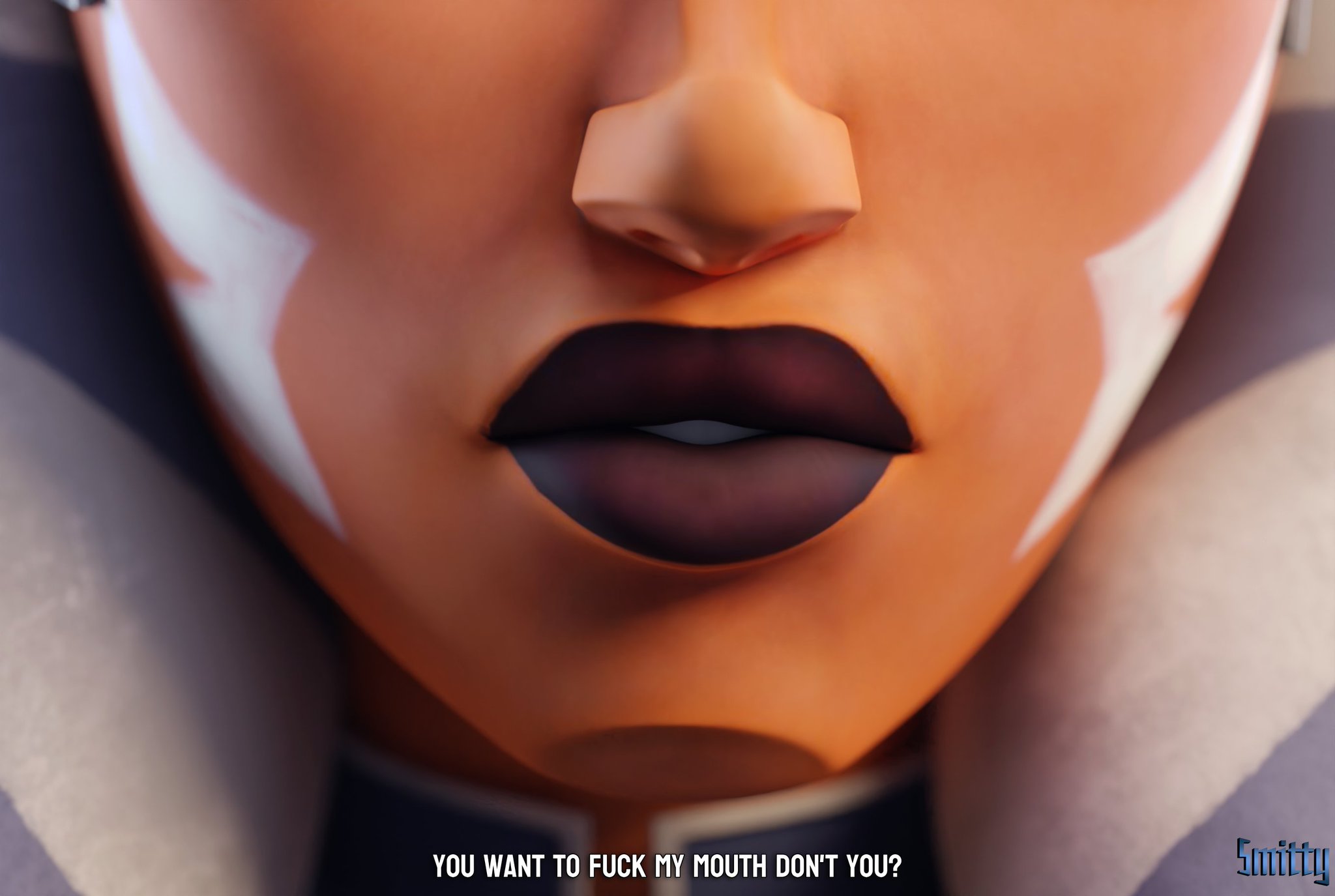 1girls, 3d, accurate art style, ahsoka tano, airress3d (3d-modeller), alien, alien girl, alien humanoid, athletic, athletic female, clone wars, dialogue, dirty talk, english text, female, female focus, female only, humanoid, lips, lucasfilm, orange body, orange skin, orange-skinned female, smitty34, star wars, text, the clone wars: season seven, togruta