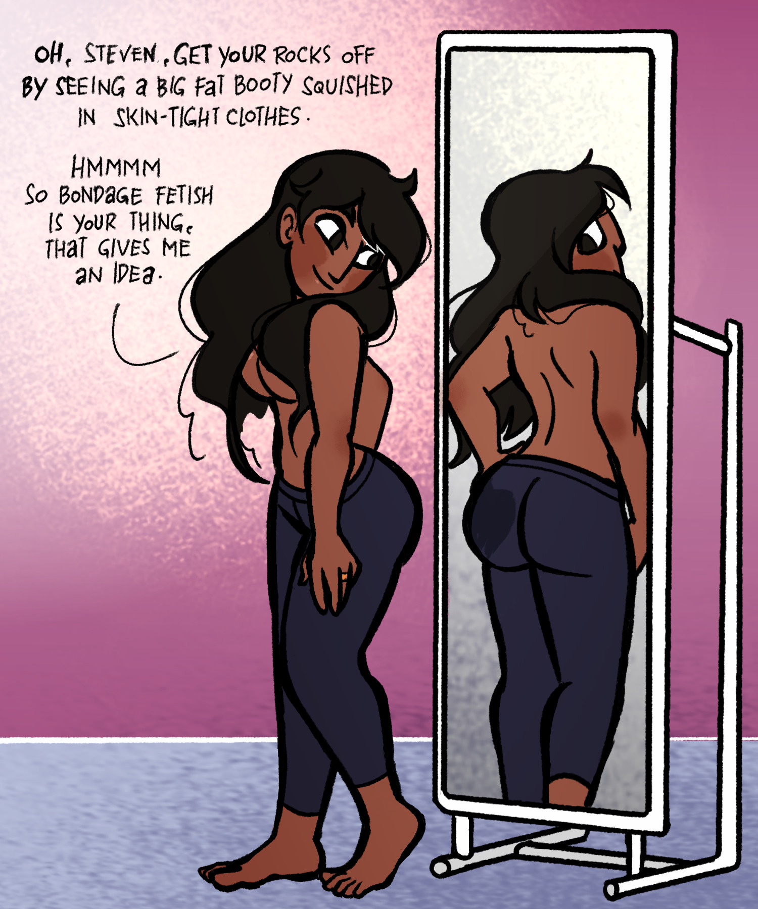 ass, breasts, connie maheswaran, dark hair, dark skin, dark-skinned female, dirty thoughts, female, hair covering breasts, handprint, handprint on ass, indian female, long hair, looking at own ass, looking at reflection, married female, santan999, smiling, steven universe, text, topless, topless female, underboob