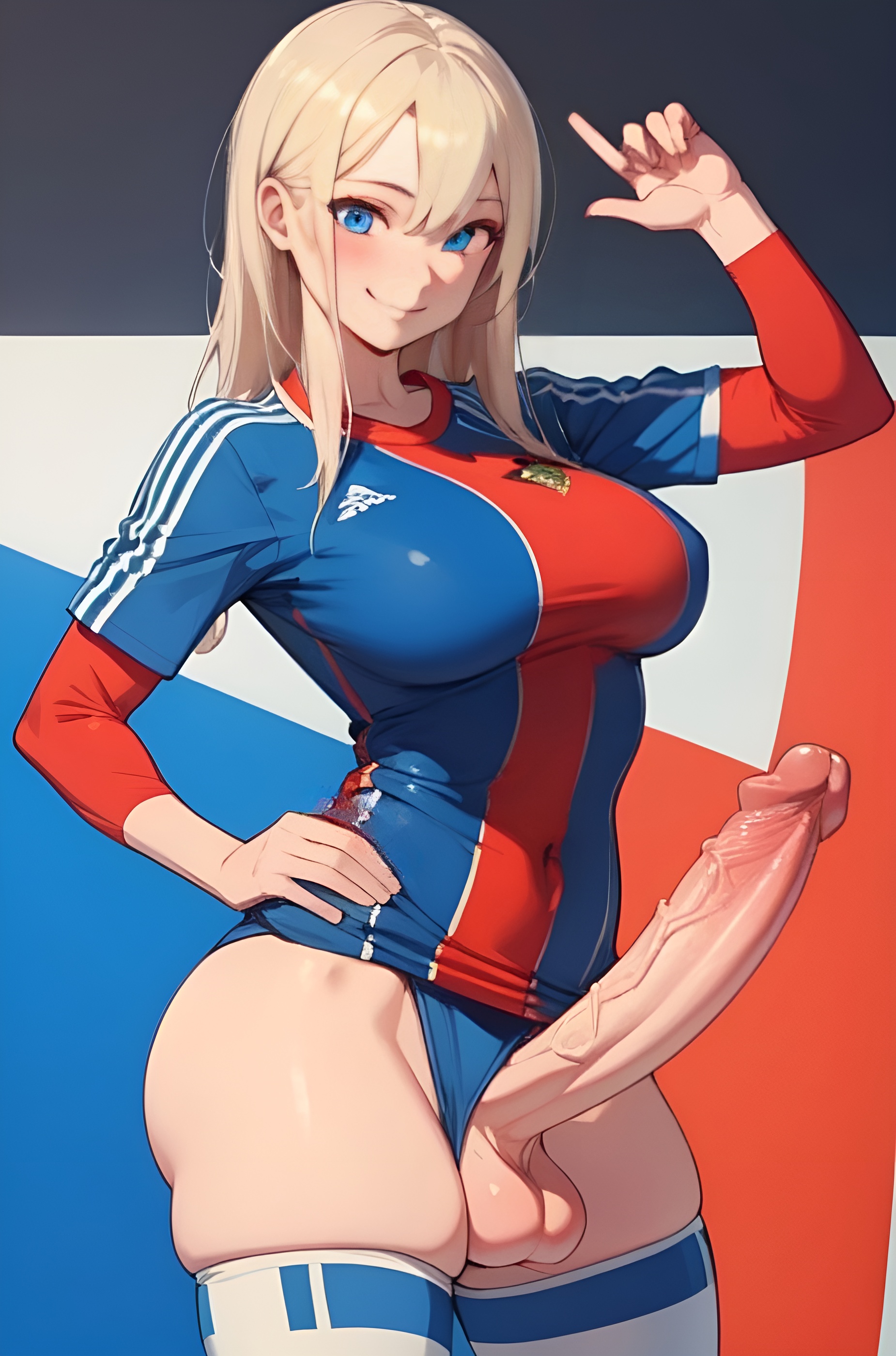 ai generated, balls, blonde hair, blue eyes, breasts, erection, football player, football uniform, futa only, futanari, huge cock, intersex, large breasts, legwear, looking at viewer, penis, skif45, smile, veiny penis