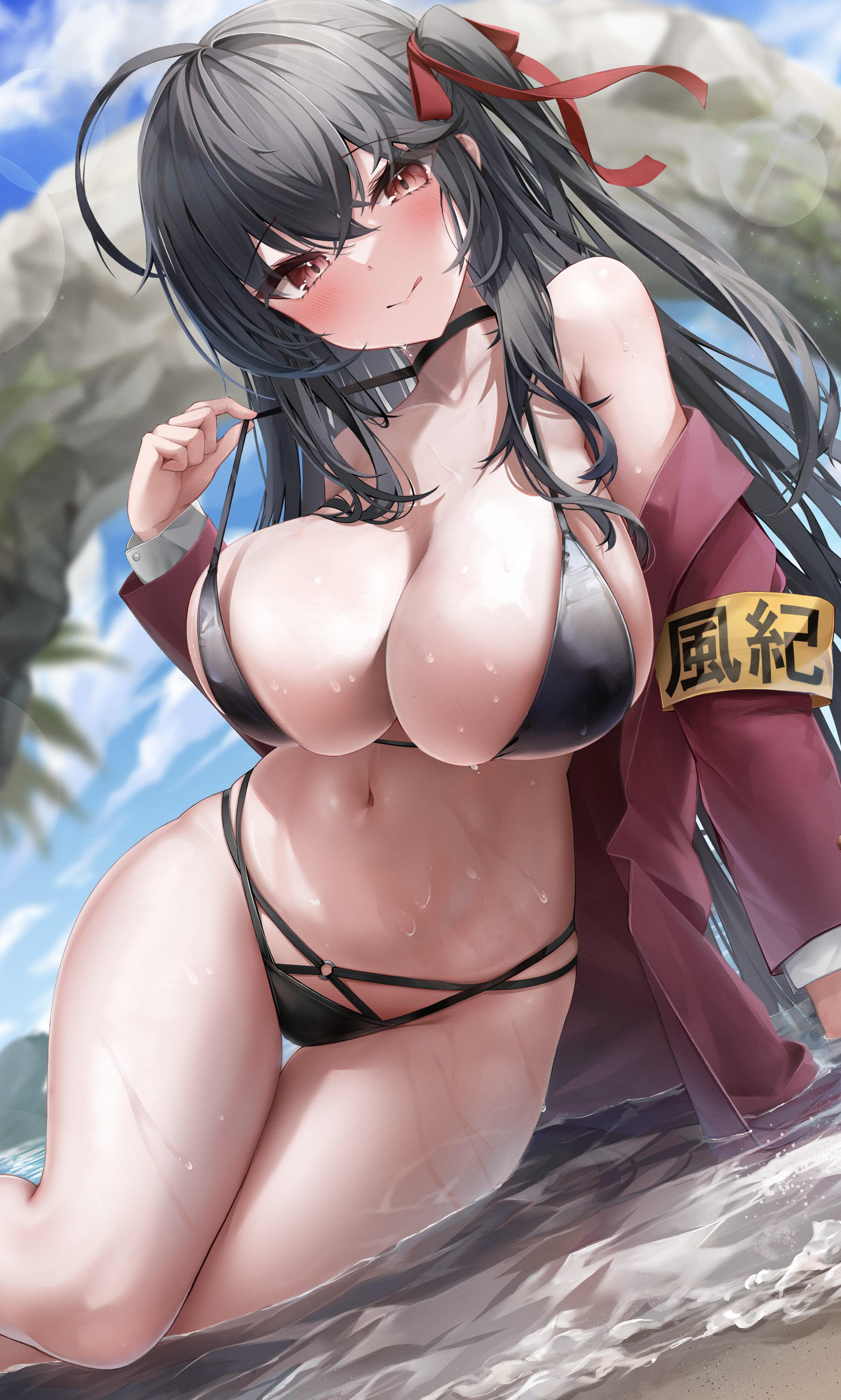 1girls, azur lane, belly button, bikini, black hair, blush, breasts, enormous breasts, eyebrows visible through hair, female, female only, hair ornament, hair ribbon, licking lips, light skin, light-skinned female, looking at viewer, outside, red eyes, sakura empire (azur lane), siranui alter (yururin55), solo, swimsuit, taihou (azur lane), taihou (enraptured companion) (azur lane), taihou (sweet time after school) (azur lane), water, wet, wet skin