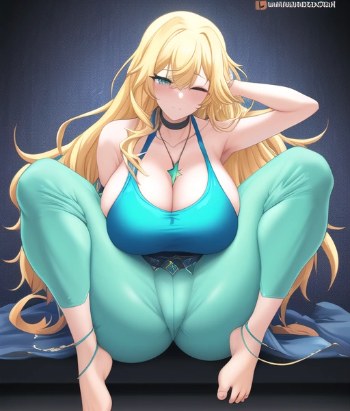 ai_generated anime_style barefoot blonde_hair blue_eyes clothes_on green_eyes long_hair necklace_between_breasts pussy_visible_through_clothes rose_(sml) sexy.ai sitting supermariologan tagme tan_body