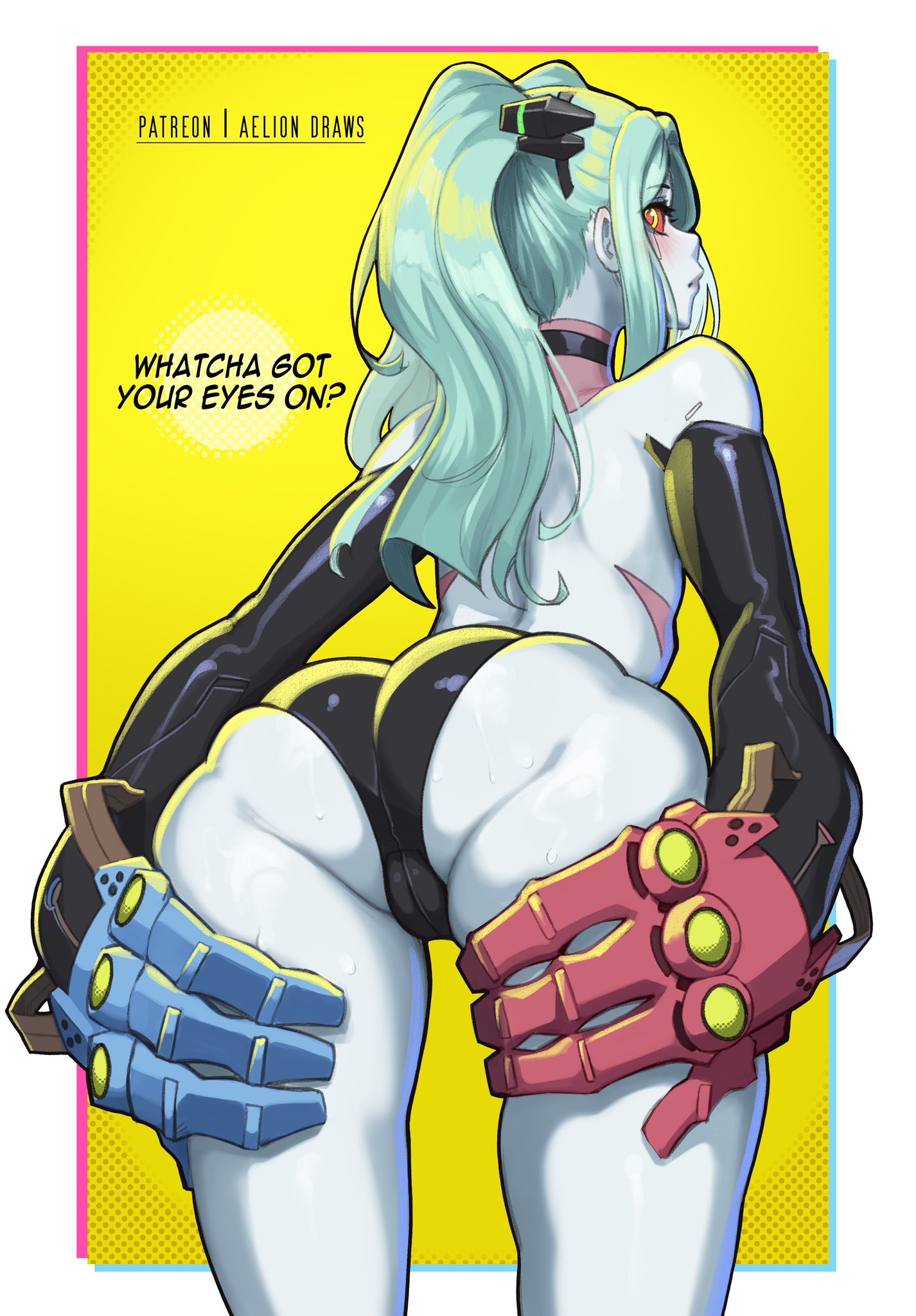 1girls, aelion draws, ass, bending over, breasts, bubble ass, bubble butt, cyberpunk 2077, cyberpunk: edgerunners, english text, female, green hair, large ass, long hair, petite, petite body, rebecca (edgerunners), red eyes, small breasts, thighs, topless, twintails
