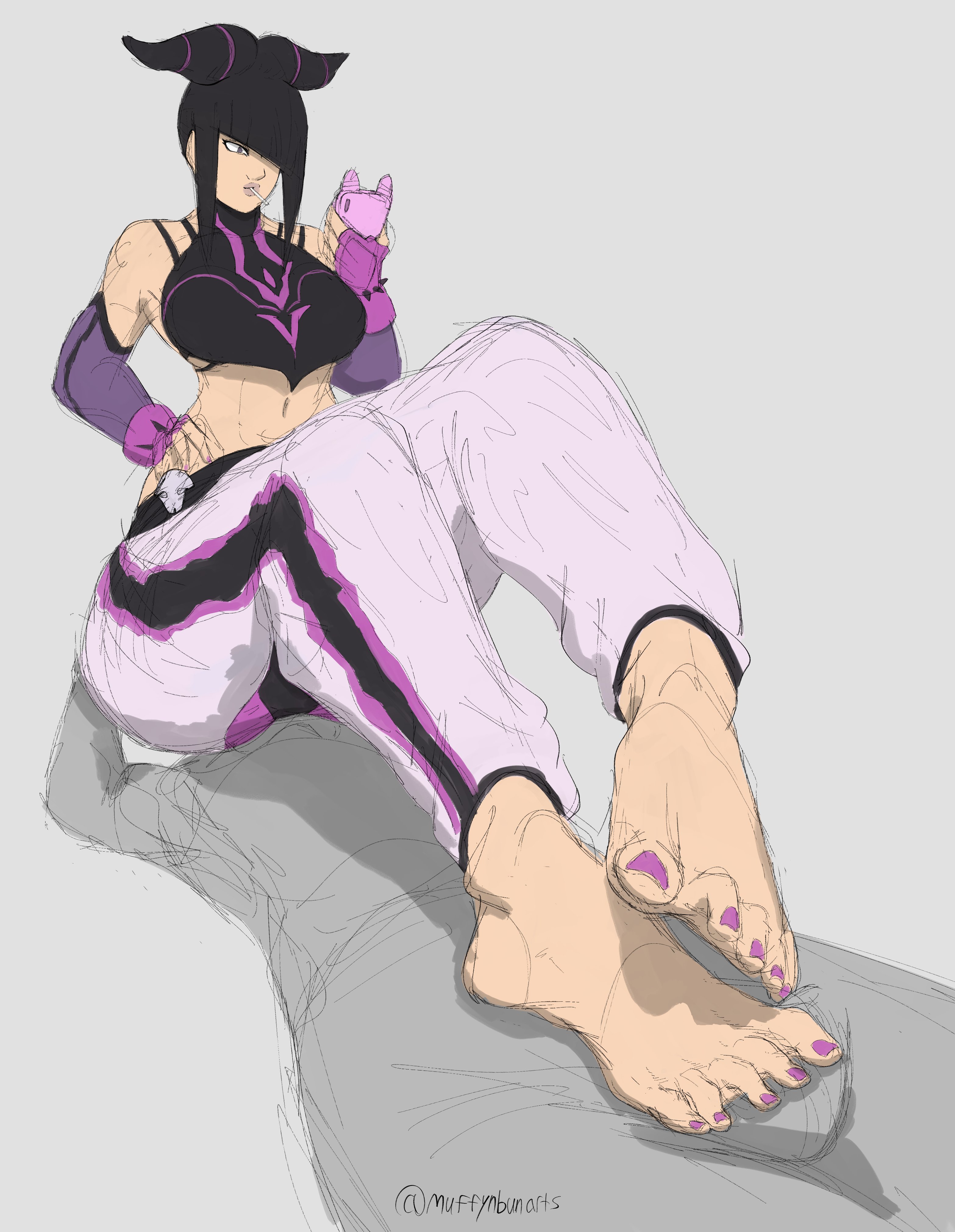 1boy, 1girls, absurdres, anon, artist name, ass, bangs, barefoot, belly button, big ass, black hair, bored, bored sex, bottomwear, breasts, candy, capcom, clothed female, crop top, disinterested, distracted, distracted sex, duo, facesitting, feet, feet together, female, fingerless gloves, food, foot fetish, foot focus, footjob, front view, full body, gauntlets, gloves, grey background, hair over one eye, hand on hip, handwear, highres, holding phone, human, human only, juri han, large ass, large breasts, legs together, light skin, light-skinned female, lipstick, lollipop, lying, lying on back, male, medium hair, midriff, muffynbunarts, nail polish, navel, pants, phone, purple eyes, purple lipstick, purple nails, purple toenails, simple background, sitting, sitting on person, smartphone, stomach, straight, street fighter, thick thighs, thighs, toenail polish, toes, topwear, unenthusiastic, wide hips