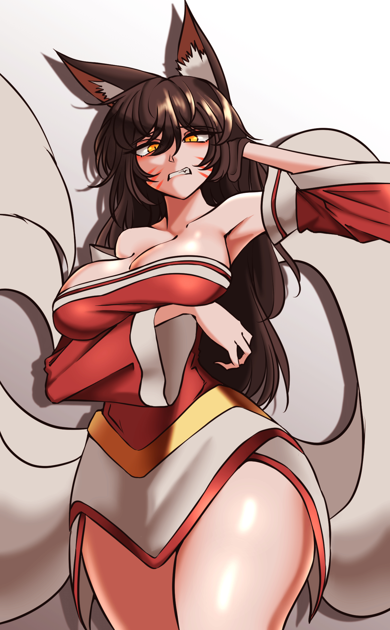 ahri, animal ear fluff, animal ears, animal girl, big breasts, black hair, breasts, busty, child bearing hips, cleavage, clothing, curvaceous, curves, curvy, curvy body, curvy female, curvy figure, curvy hips, eyelashes, eyeliner, eyeshadow, facial markings, female, fluffy, fluffy ears, fluffy tail, fluffy tails, fox, fox ears, fox girl, fox tail, furry tail, hips, hourglass figure, humanoid, inner ear fluff, kemonomimi, kitsune, large breasts, league of legends, light skin, light-skinned female, long hair, multi tail, nine tailed fox, pale skin, pale-skinned female, pascal (artist), riot games, tail, thick thighs, thighs, vastaya, video games, voluptuous, wide hips, yellow eyes