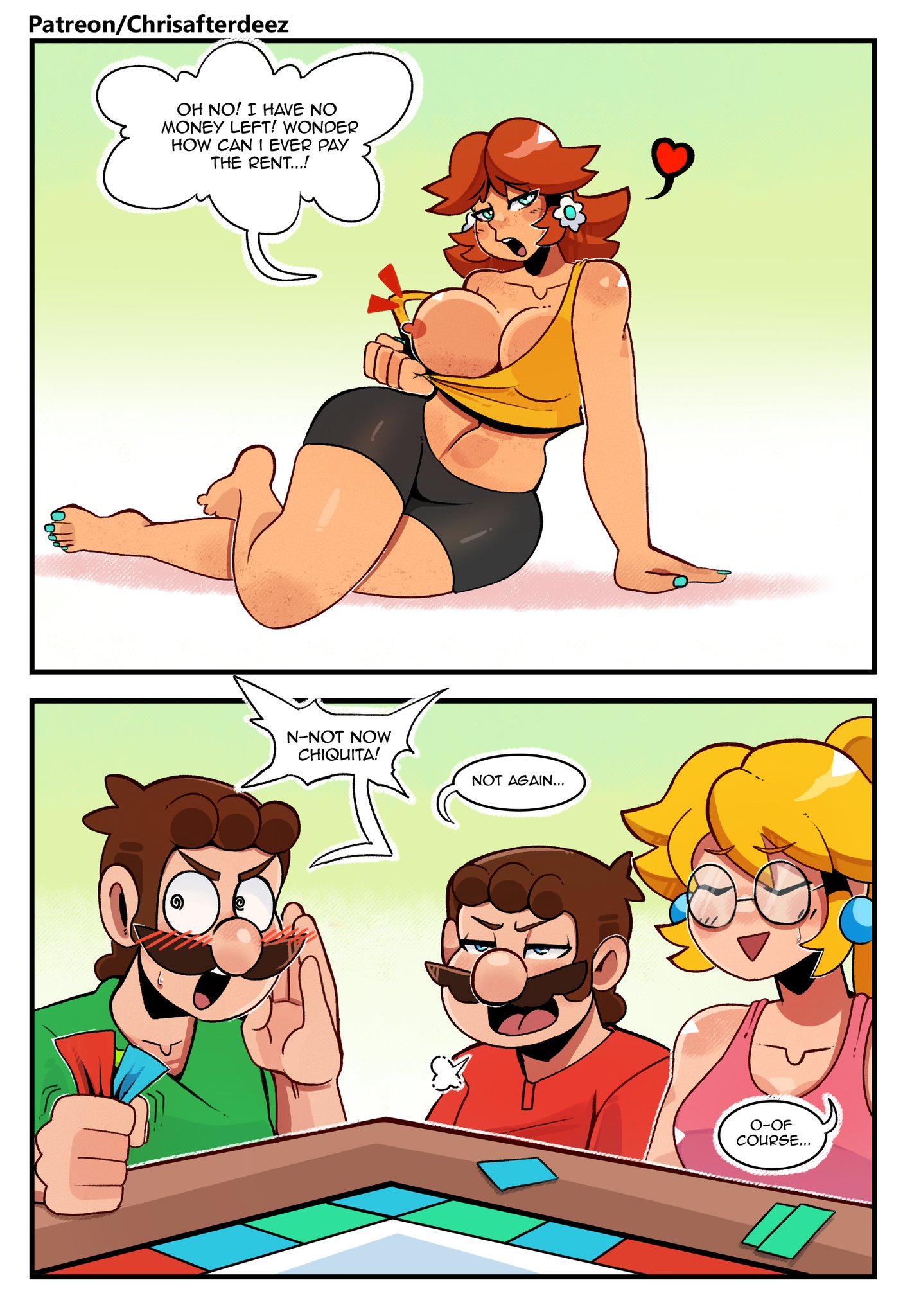 2boys, 2girls, alternate outfit, areolae, big breasts, bimbo, blonde hair, blue eyes, board game, breasts, brown hair, crop top, female, flashing, funny, luigi, male, mario, mario (series), monopoly, nail polish, nipples, princess daisy, princess peach, thegreyzen, thehornyzen, thick thighs