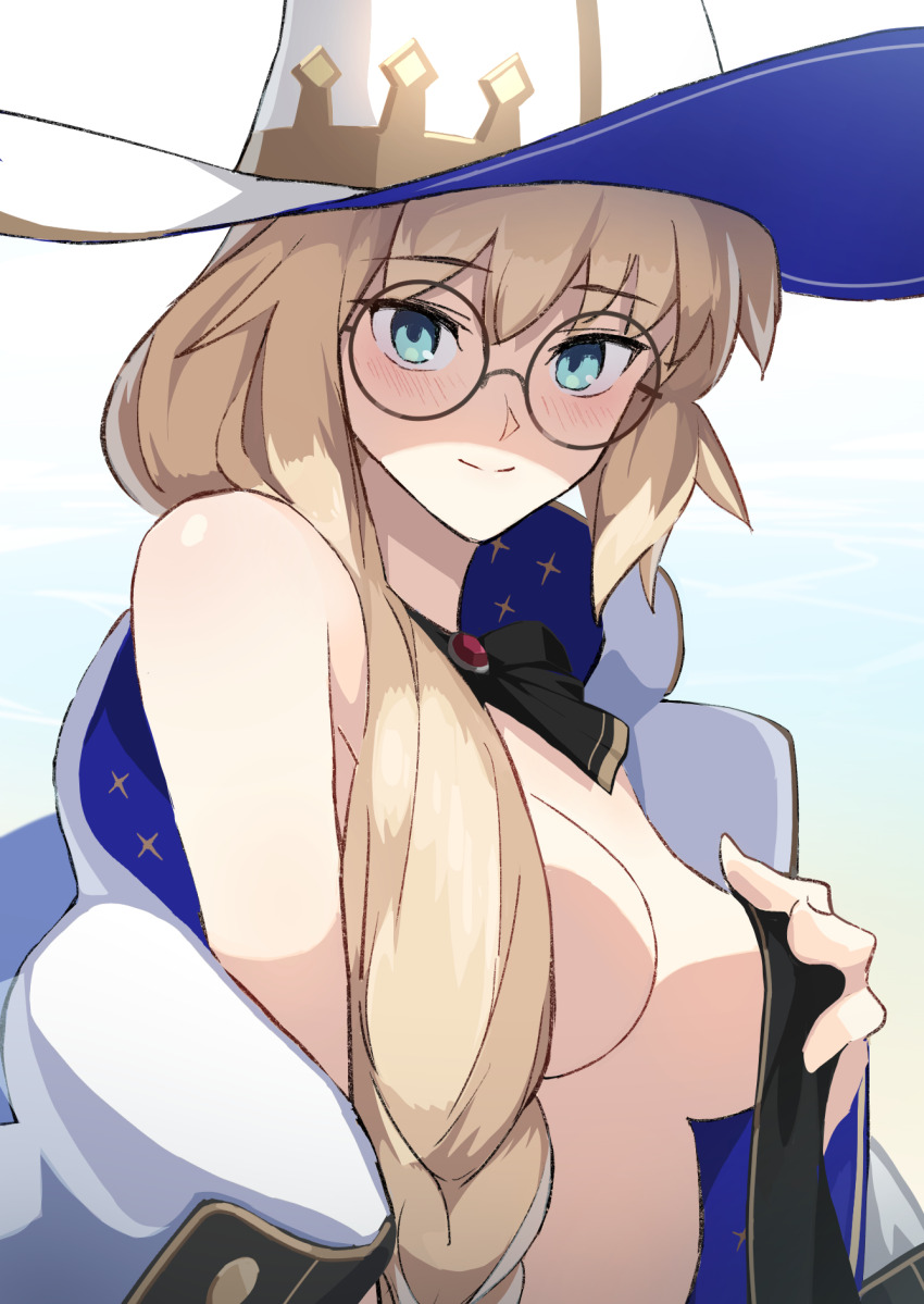 blonde_hair blue_eyes breasts breasts_out drill_hair fate/grand_order fate_(series) female glasses hat kiso_(wjnomcuzqmdjcql) looking_at_viewer morgan_le_fay_(fate) tonelico_(fate) witch_hat