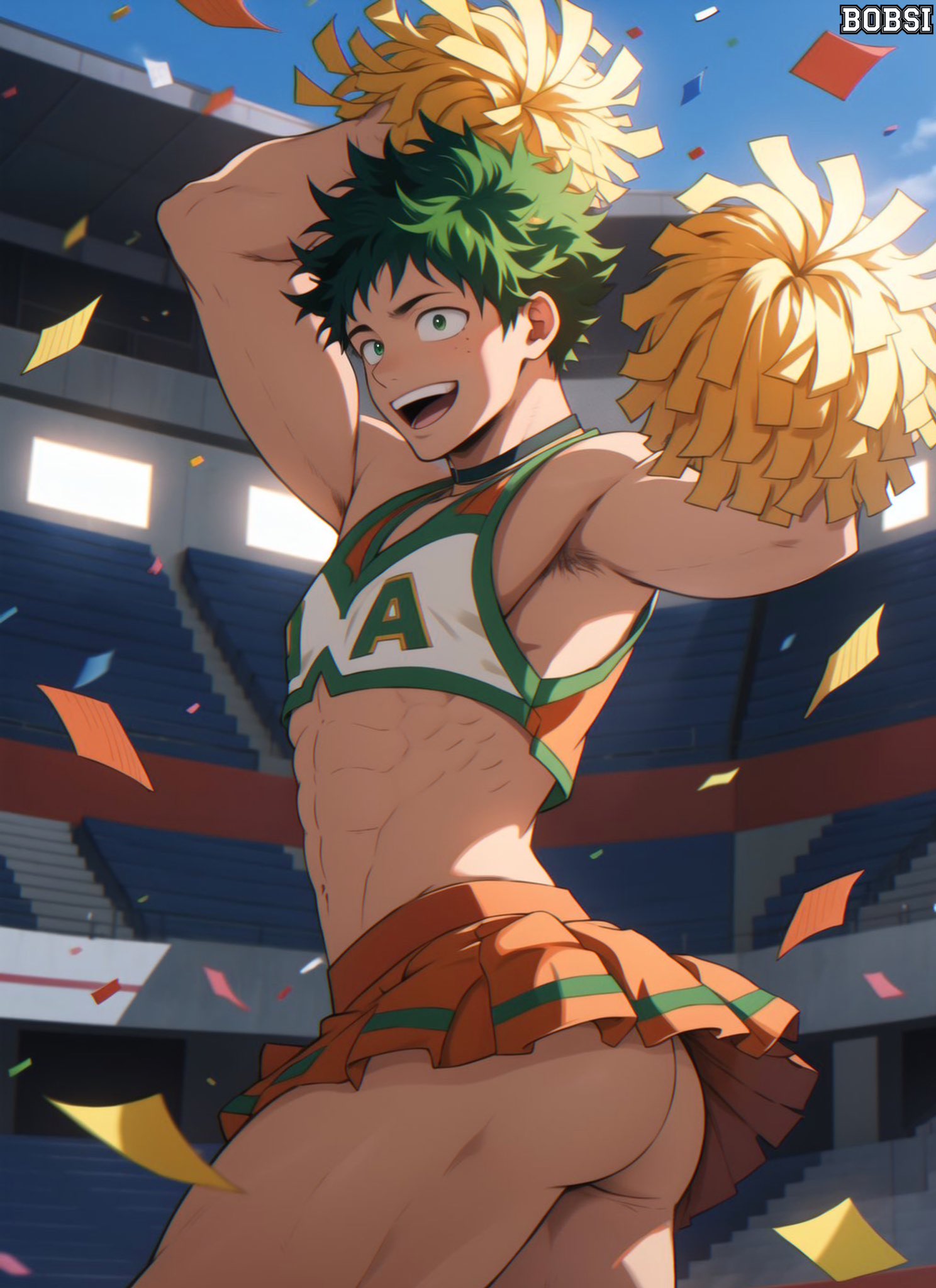 1boy ai_generated ambush_(trap) ass ass_focus ass_up big_ass bobsi cheerleader cheerleader_outfit crossdressing gay happy izuku_midoriya male male_cheerleader male_only muscular muscular_legs muscular_male my_hero_academia no_panties no_underwear skirt smile solo yaoi