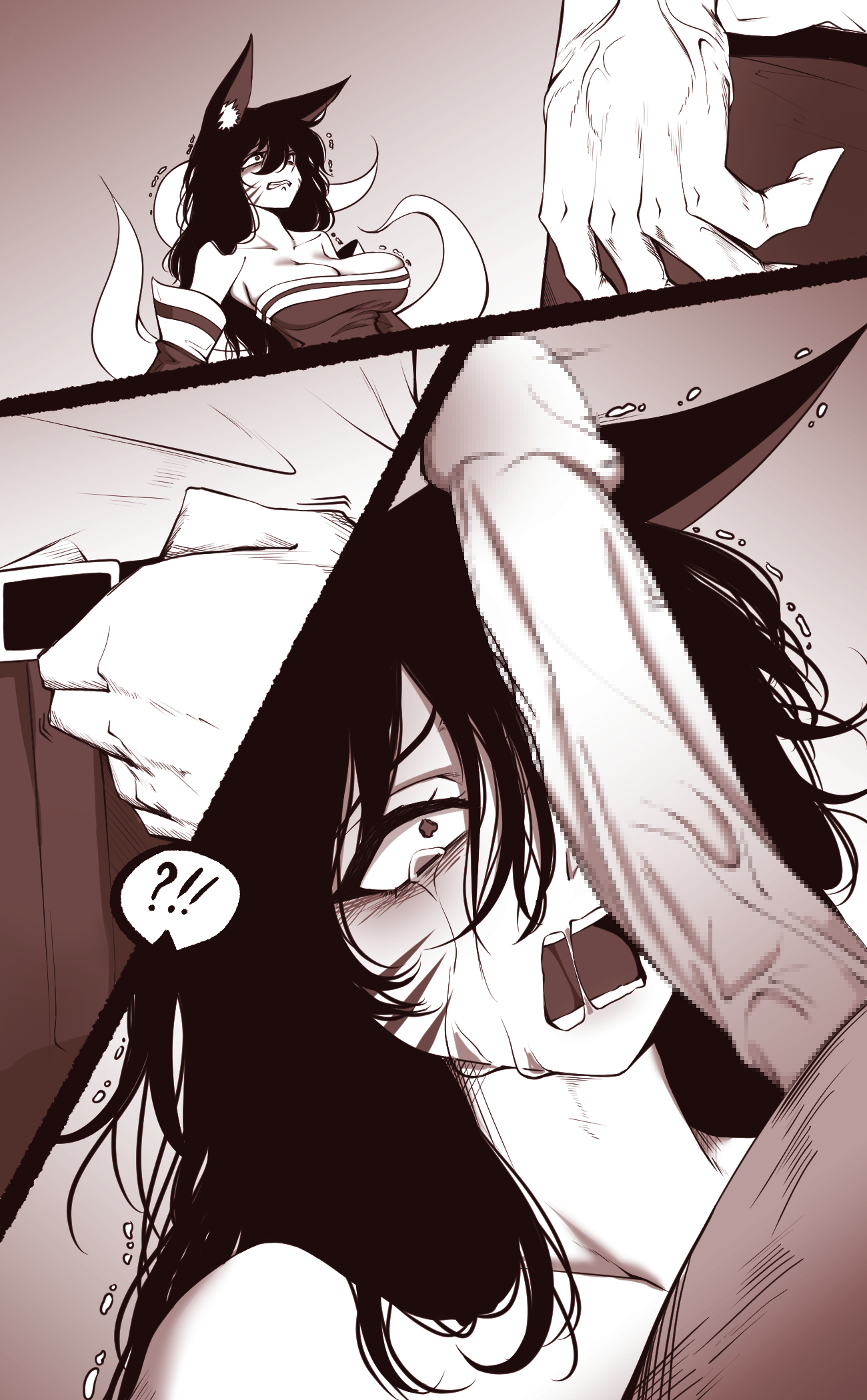 ahri, animal ear fluff, animal ears, animal girl, balls, big breasts, black hair, breasts, busty, child bearing hips, cleavage, clothing, curvaceous, curves, curvy, curvy body, curvy female, curvy figure, curvy hips, eyelashes, eyeliner, eyeshadow, facial markings, female, fluffy, fluffy ears, fluffy tail, fluffy tails, fox, fox ears, fox girl, fox tail, furry tail, genitals, hips, hourglass figure, huge cock, humanoid, inner ear fluff, kemonomimi, kitsune, large breasts, league of legends, light skin, light-skinned female, long hair, male, multi tail, nine tailed fox, pale skin, pale-skinned female, pascal (artist), penis, rape, riot games, tail, testicles, thick thighs, thighs, vastaya, veiny penis, video games, voluptuous, wide hips, yellow eyes