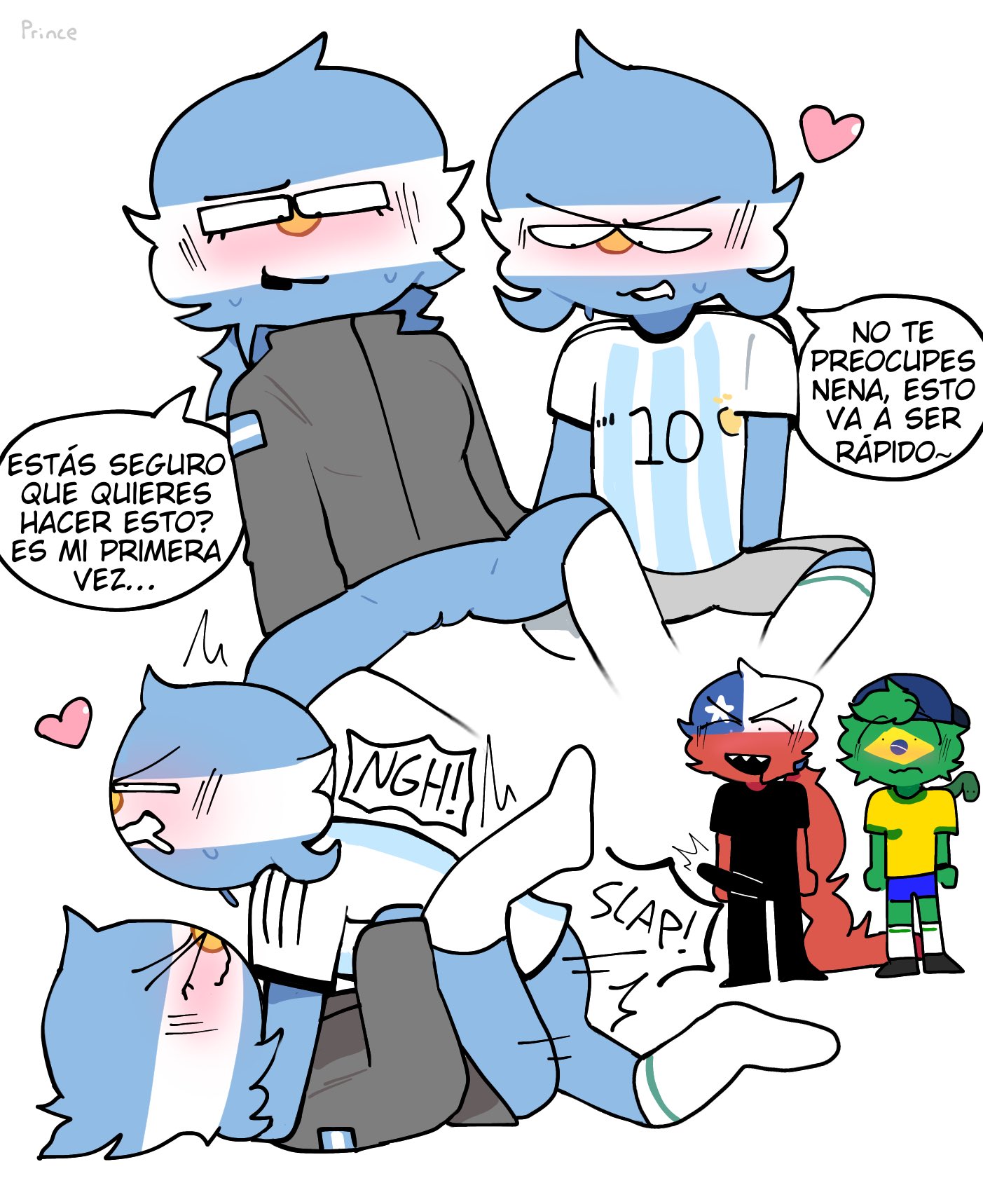 1girls, 3boys, ambiguous penetration, argentina (countryhumans), brazil (countryhumans), chile (countryhumans), clothed sex, clothing, countryhumans, countryhumans girl, female, heart, male, princekunxxx, pussy, simple, simple background, spanish text, text, white background