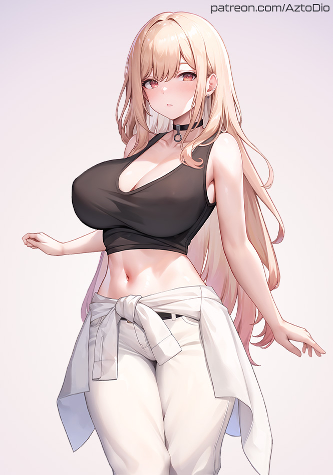 1girls azto_dio blonde_hair blush breasts female gyaru huge_breasts kitagawa_marin light-skinned_female light_skin long_hair looking_at_viewer red_eyes simple_background sono_bisque_doll_wa_koi_wo_suru thighs