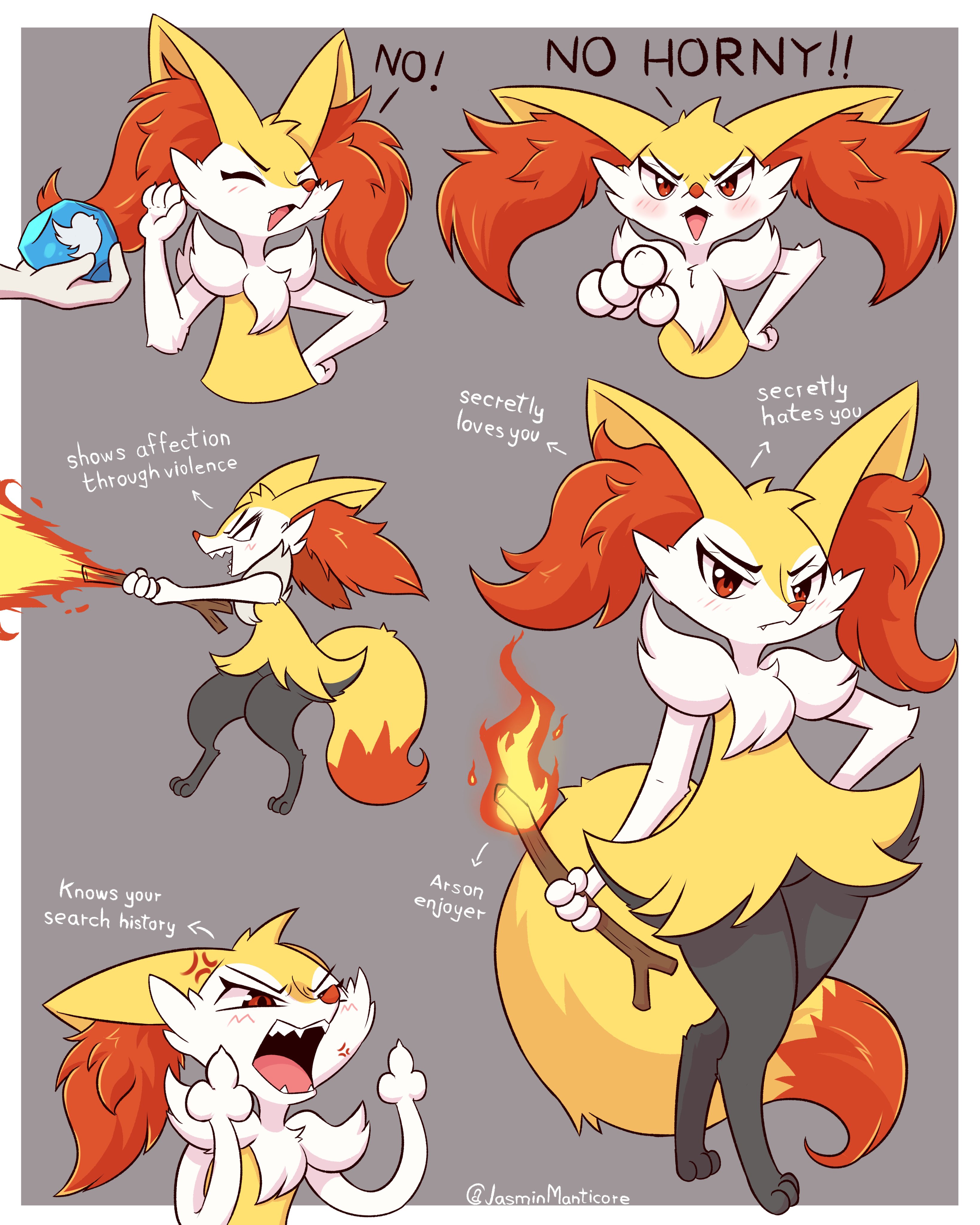anthro, anthro only, black fur, braixen, color, cute, female, fox, fox ears, fox girl, fox tail, funny, fur, furry, furry only, generation 6 pokemon, human, jasminthemanticore, male, meme, nintendo, no sex, pokemon, pokemon (species), red eyes, red fur, sketch, text, tsundere, white fur, yellow fur