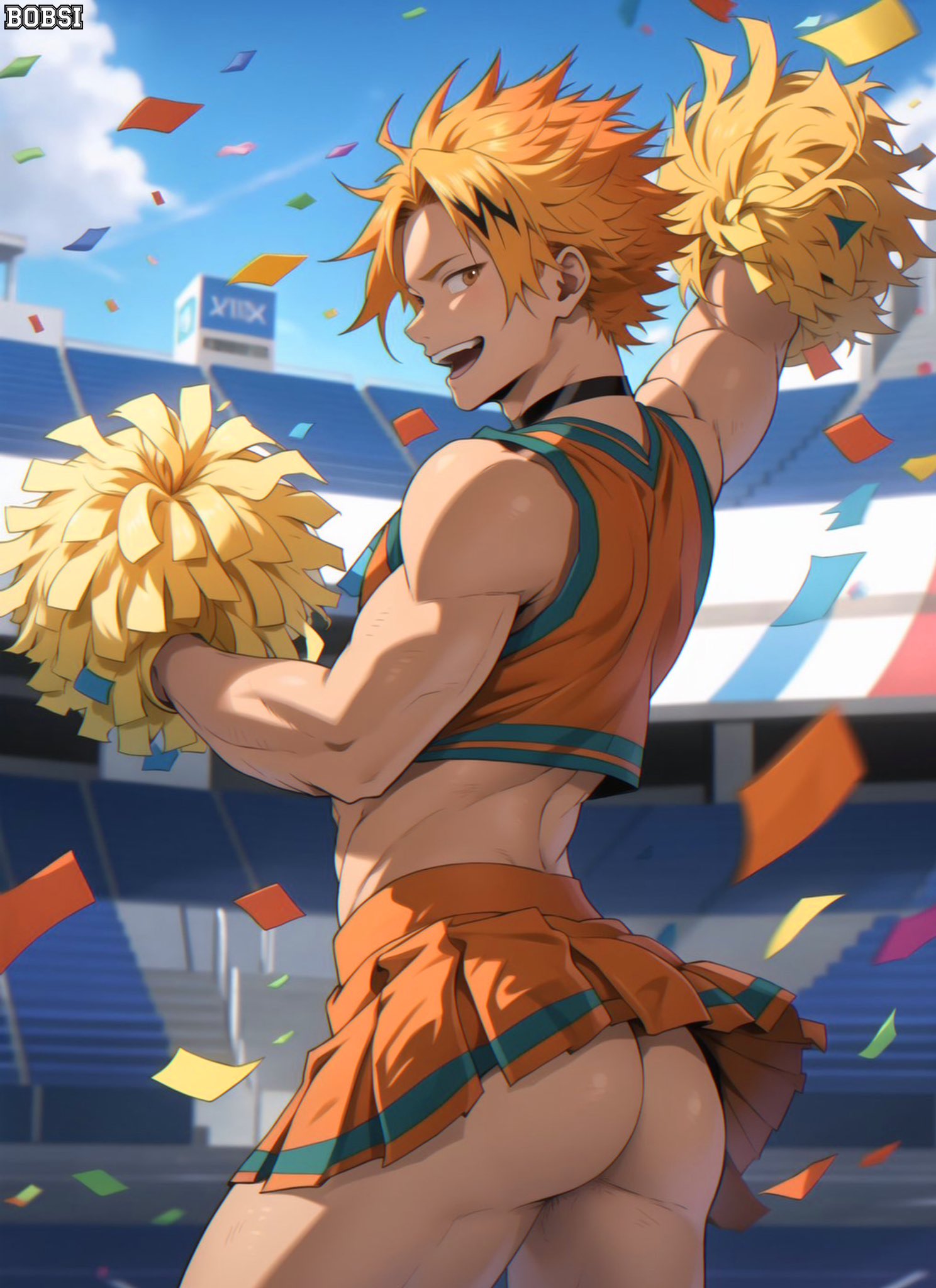 1boy 1male 1man ai_generated ass ass_focus ass_up big_ass bobsi cheerleader cheerleader_outfit crossdressing denki_kaminari gay happy male male_cheerleader male_only muscular muscular_legs muscular_male my_hero_academia no_panties no_underwear skirt smile