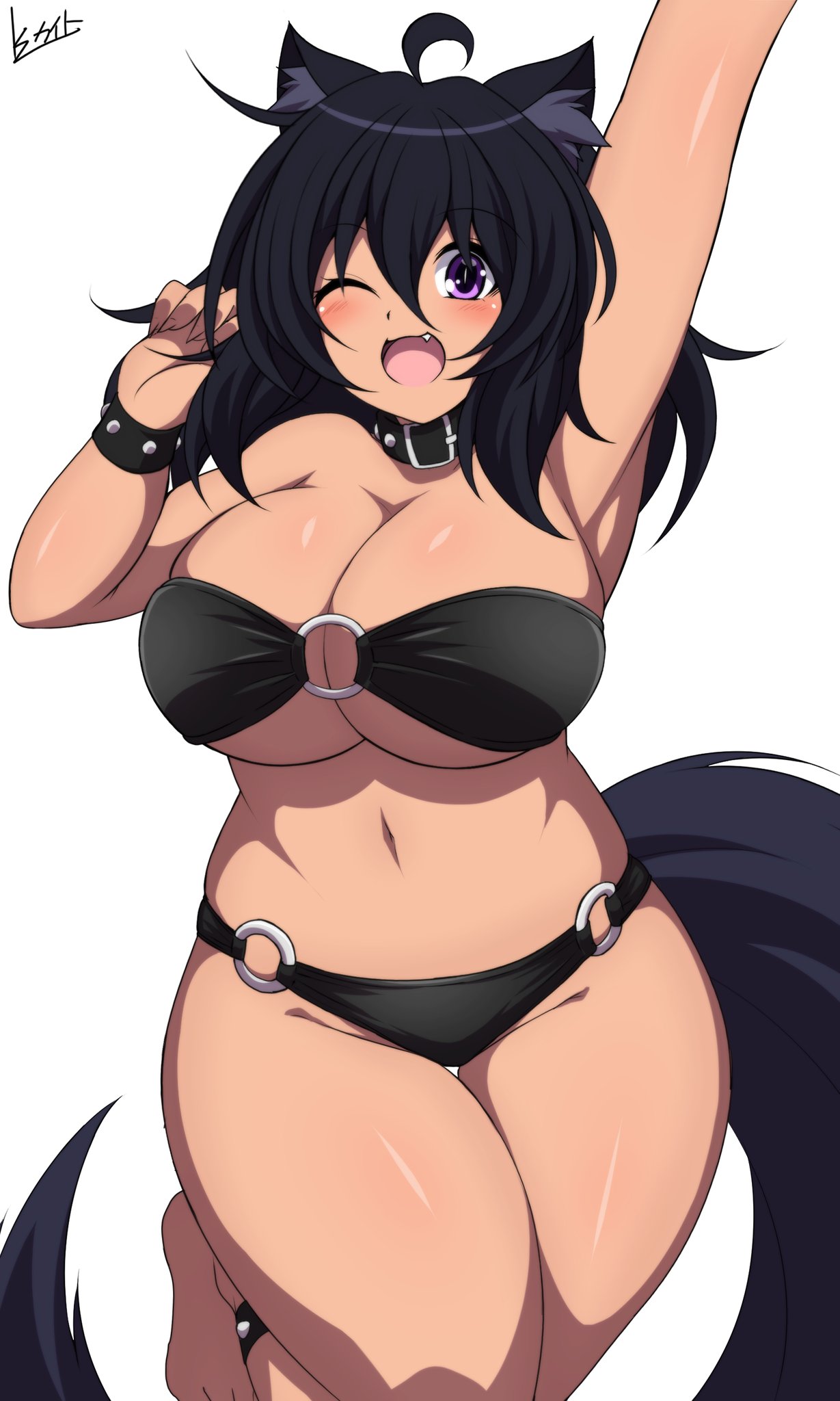 action_pose black_hair dynamic_pose fangs huge_breasts k-kite one_arm_up one_eye_closed purple_eyes signature solo swimsuit thick white_background wolf_ears wolf_girl wolf_tail