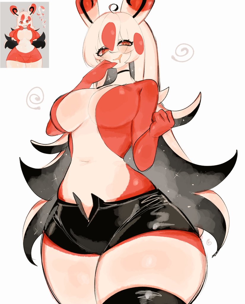2020s, 2023, breasts, bunny ears, choker, crazy eyes, featureless breasts, female, furry, horny, humanized, long hair, multicolored body, nintendo, pokemon, pokemon (species), pokemon rse, rabbit ears, red eyes, reference image, solo, spinda, swirly eyes, thick thighs, thighs, thin waist, togetoge, usa37107692, white hair, wide hips