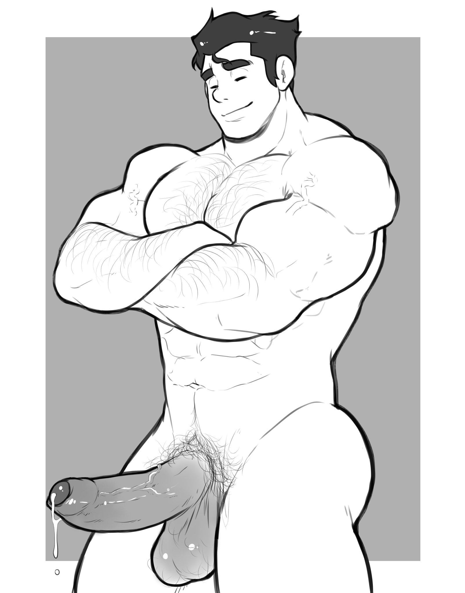 1boy, abs, arm hair, arms crossed, arms crossed under pecs, avatar legends, balls, bara, big balls, big muscles, big pecs, big penis, black and white, black hair, bolin, boner, chest hair, closed eyes, cum, cum drip, cum dripping from penis, cum on body, cum on penis, dark hair, ejaculation, erection, foreskin, gay, hair, hoybarartist, human, male, male only, monochrome, muscles, muscular, muscular arms, muscular human, muscular male, navel, nickelodeon, nipples, nude, partially retracted foreskin, pecs, penis, pubes, pubic hair, retracted foreskin, smiling, solo, testicles, the legend of korra, uncircumcised, uncut, veins, veiny penis, yaoi