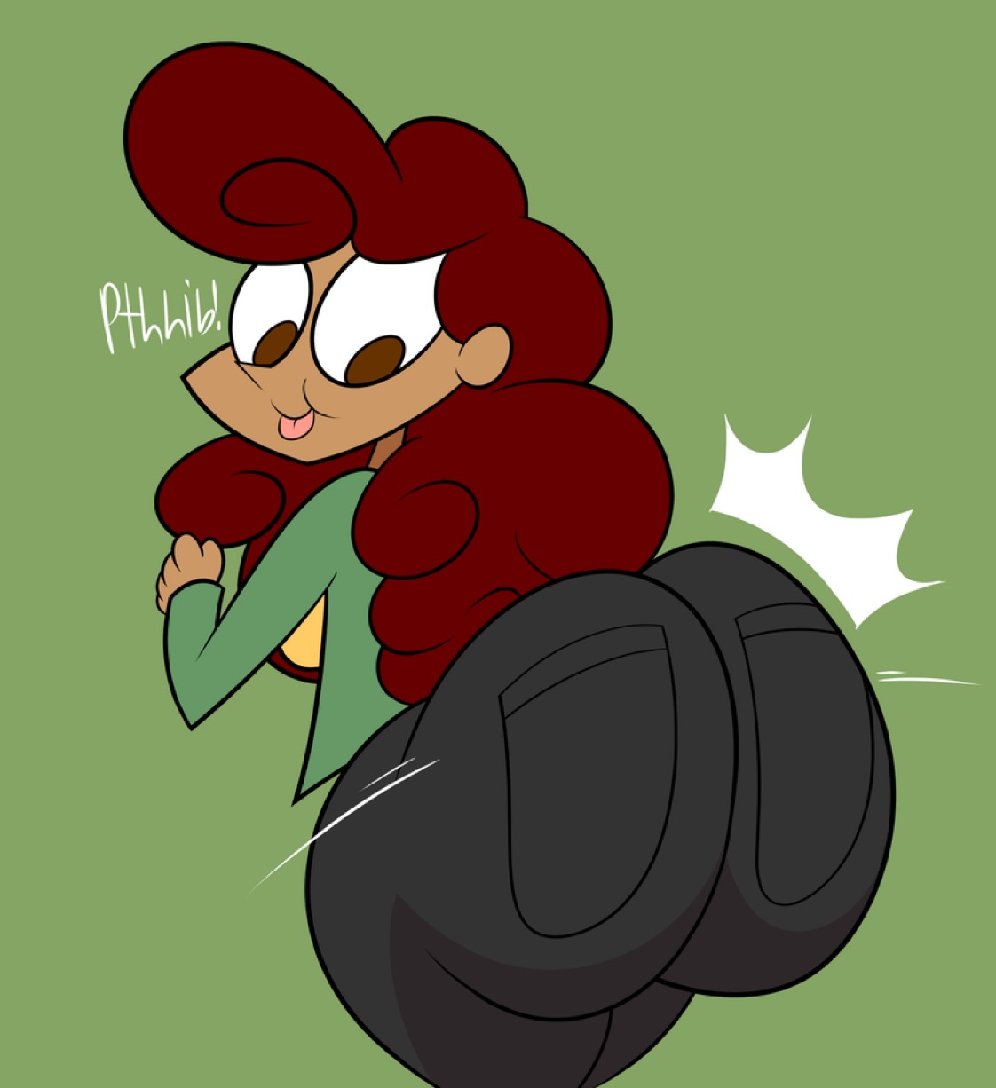 1girls, 2020, ass, ass clapping, ass focus, big ass, black pants, breasts, brown eyes, brown hair, clapping buttocks, cute, dark skin, dark-skinned female, day sonny, female, green jacket, happy, jacket, looking back, medium breasts, oboithisisfunky, pants, shirt, sideboob, tagme, tongue, tongue out, yellow shirt