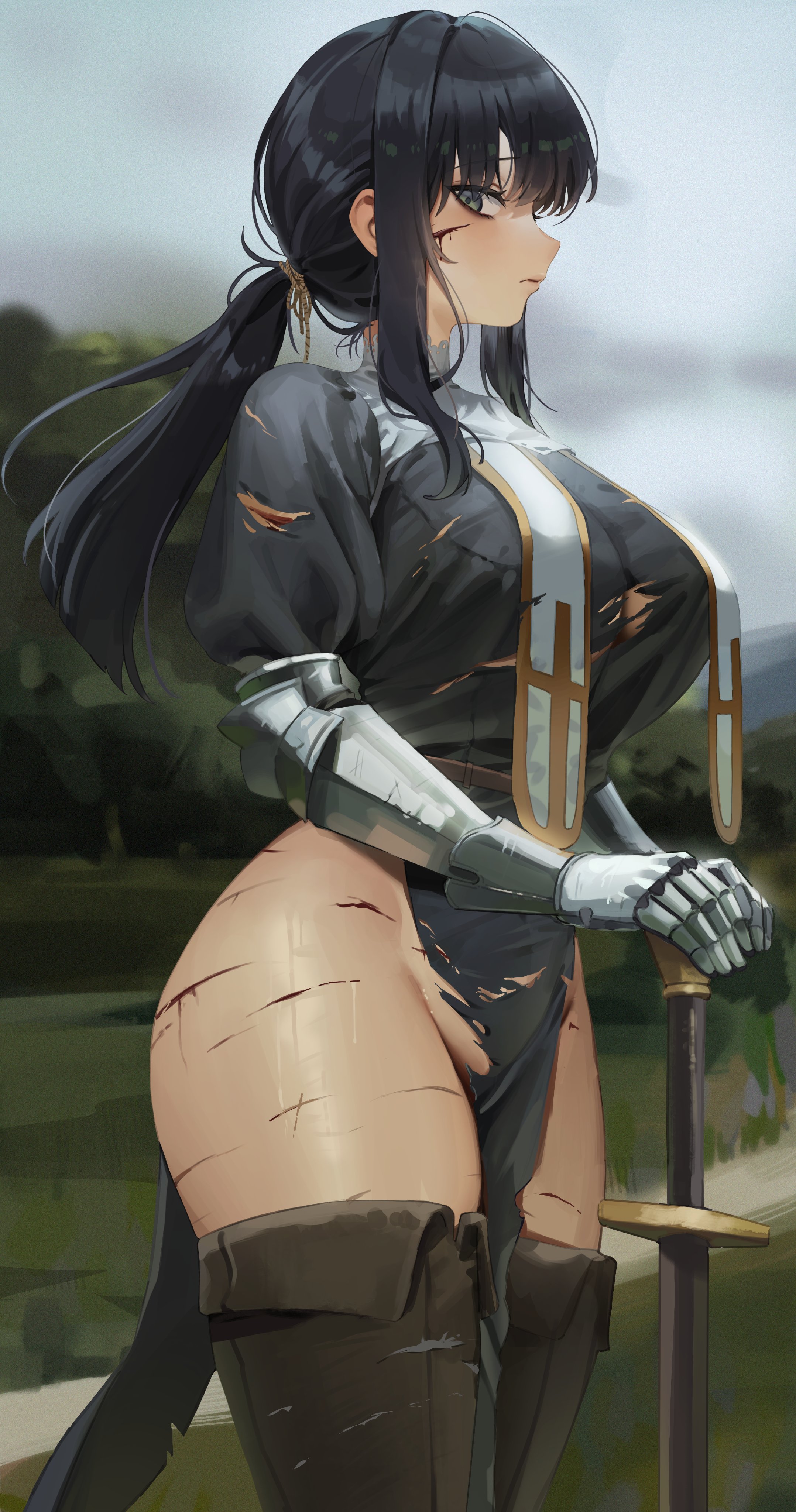 1girls, armor, armored female, armored gloves, big breasts, black eyes, black hair, bleeding, blood, breasts, bruises, busty, curvaceous, curves, curvy, curvy body, curvy female, curvy figure, cuts, dark eyes, dark hair, female, female focus, female knight, female only, fungi (fungi542/gompang 11), gauntlets, holding object, holding sword, holding weapon, huge breasts, knight, large breasts, looking at viewer, ponytail, scar, scarred, scars, scars all over, scars on thighs, scratches, sword, tagme, thick, thick thighs, thigh highs, thighhighs, thighs, torn clothes, torn clothing, wardrobe malfunction, warrior, weapon, wounded, wounds