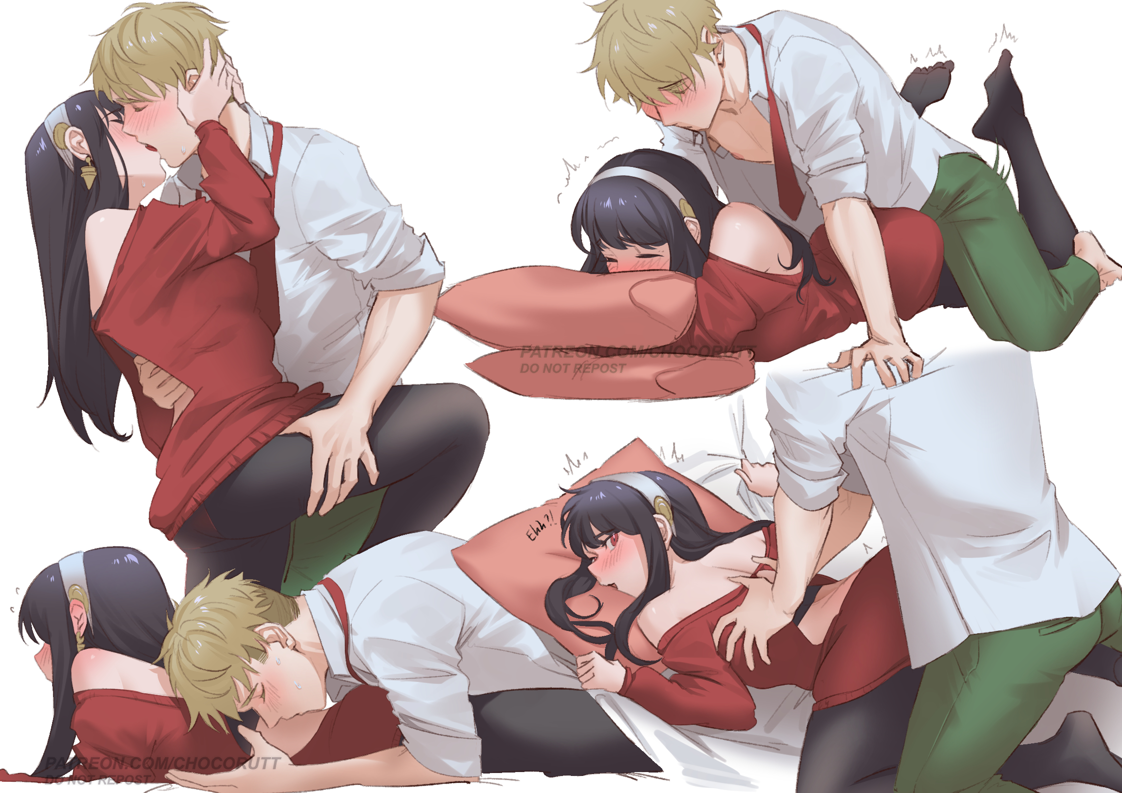 1boy, 1girls, artist name, ass, ass up, backless dress, backless outfit, bare shoulders, bed, black hair, blonde hair, blush, blush lines, blushing female, blushing male, boy on top, canon couple, chocorutt, color, colored, couple, doggy style, drawing, dry humping, face down ass up, feet up, female, from behind, full body, grabbing sheets, grabbing thighs, hand on thigh, held down, holding leg, holding legs, holding pillow, humping, illustration, kiss, kiss on back, kissing, loid forger, looking back, lying, lying down, lying on stomach, male, male and female focus, male/female, multiple views, no shoes, on back, on bed, on stomach, open clothes, panties, pantyhose, passionate, pillow hug, prone bone, red dress, red eyes, romantic, romantic couple, skirt, spy x family, straight, sweater, sweater dress, thighs, unbuttoned, unbuttoned shirt, undone necktie, wholesome, yor briar, yor forger