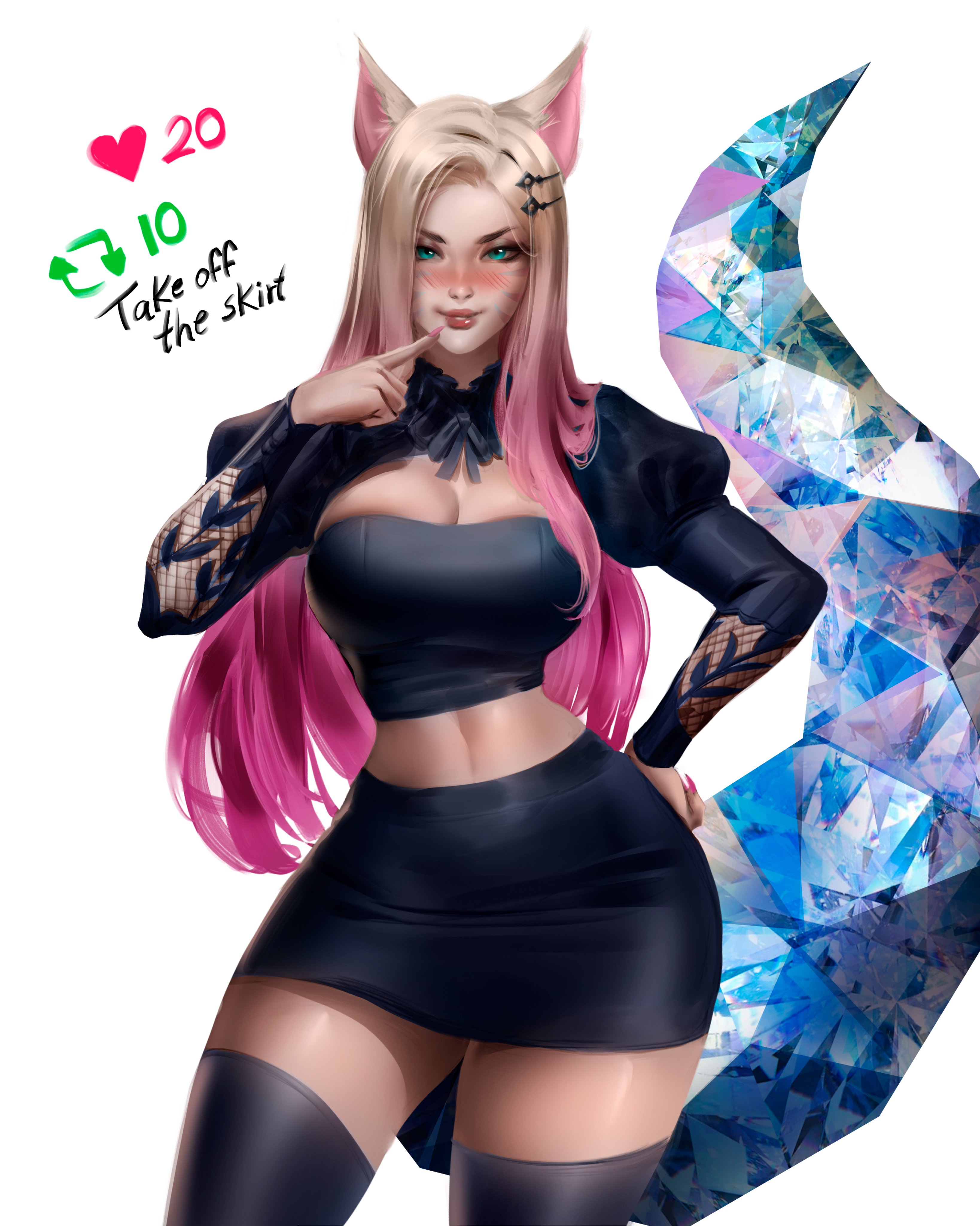 ahri, animal ear fluff, animal ears, animal girl, big breasts, blonde hair, breasts, busty, child bearing hips, cleavage, clothing, crystal tail, curvaceous, curves, curvy, curvy body, curvy female, curvy hips, eyelashes, eyeliner, eyeshadow, facial markings, female, fluffy, fluffy ears, fox, fox ears, fox girl, fox tail, hips, hourglass figure, huge breasts, humanoid, inner ear fluff, k/da ahri, k/da all out ahri, k/da all out series, kemonomimi, kitsune, large breasts, league of legends, light skin, light-skinned female, lips, lipstick, long hair, multi tail, nine tailed fox, nyahabi2112, pale skin, pale-skinned female, riot games, tail, the baddest ahri, thick thighs, thighs, vastaya, video games, voluptuous, wide hips, yellow eyes