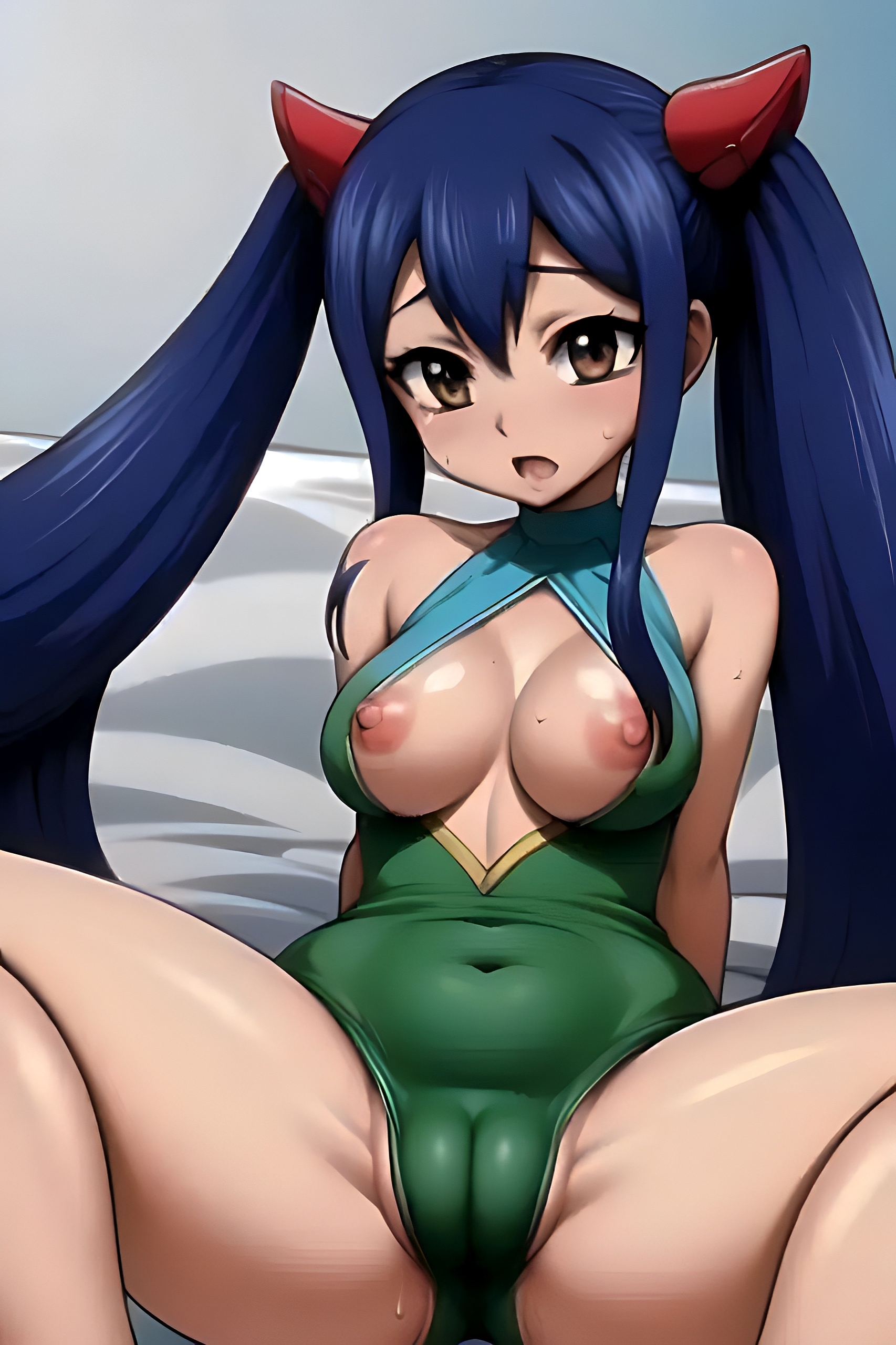 1girls, ai generated, alternate breast size, bed, bedroom, belly button, big breasts, blue hair, blush, breasts, brown eyes, cameltoe, cleavage, clothing, erect nipples, fairy tail, female, female focus, foopanthia, legs, nipples, open mouth, partially clothed, pussy, revealing clothes, spread legs, thick, thick thighs, thighs, twintails, wendy marvell, young