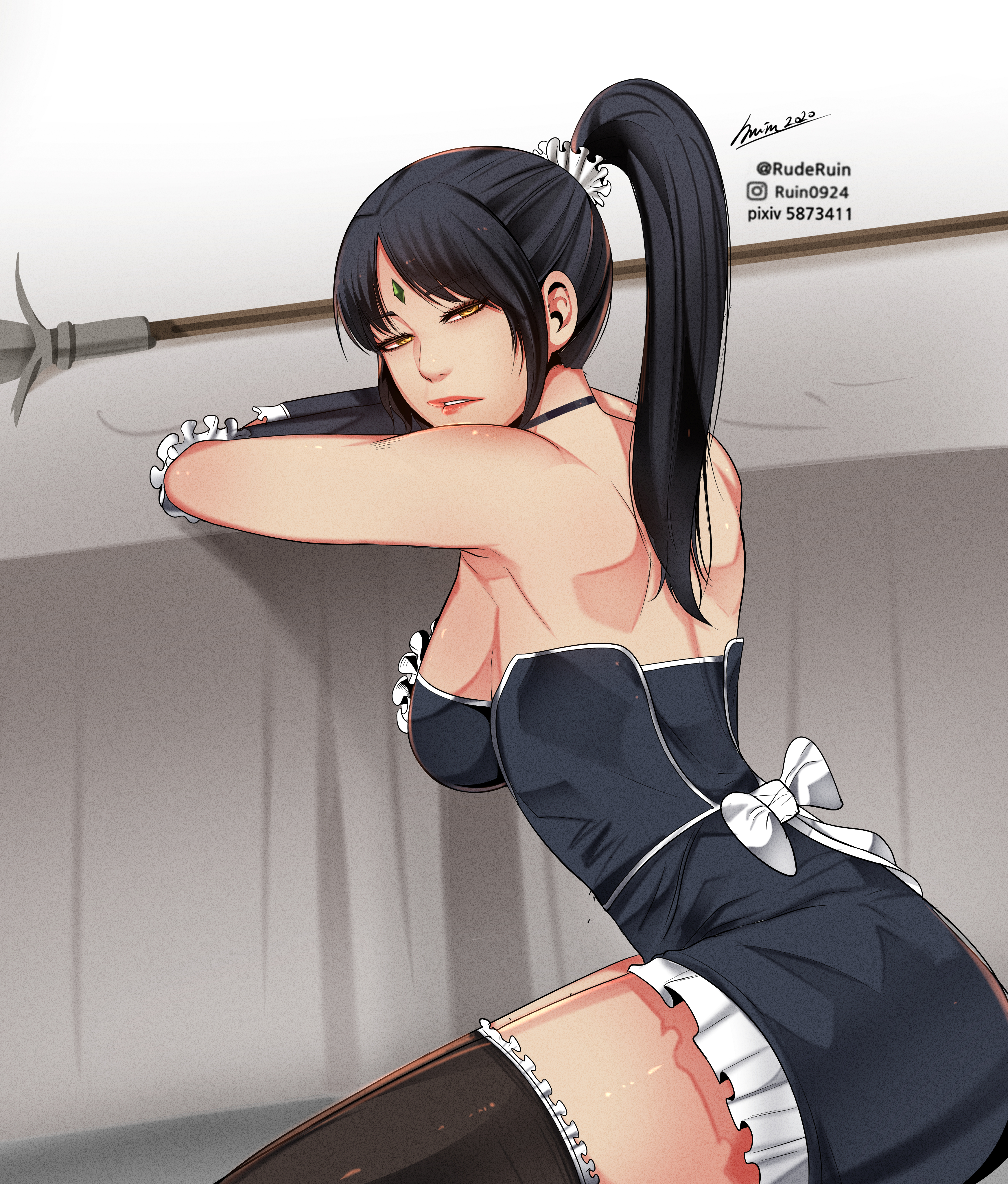 2d, 2d (artwork), black hair, boob window, breasts, female, french maid, french maid nidalee, gem on forehead, jewel on forehead, league of legends, leaning against wall, leaning forward, maid headdress, maid outfit, maid uniform, nidalee, orange eyes, orange-eyed female, ponytail, riot games, rude ruin, ruderuin, ruin0294, simple background, spear, stockings, the grind series