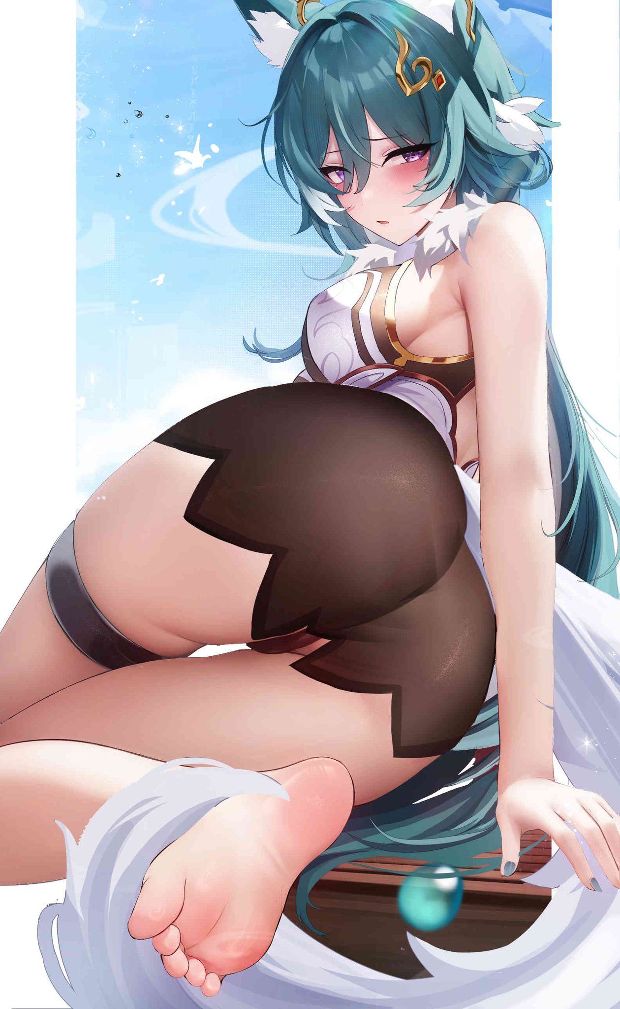 ass, breasts, fantongjun, feet, feet towards viewer, female, foot fetish, foot focus, honkai: star rail, huge ass, medium breasts, painted nails, rear view, soles, thick thighs, toes, wide hips, worried, yukong (honkai: star rail)