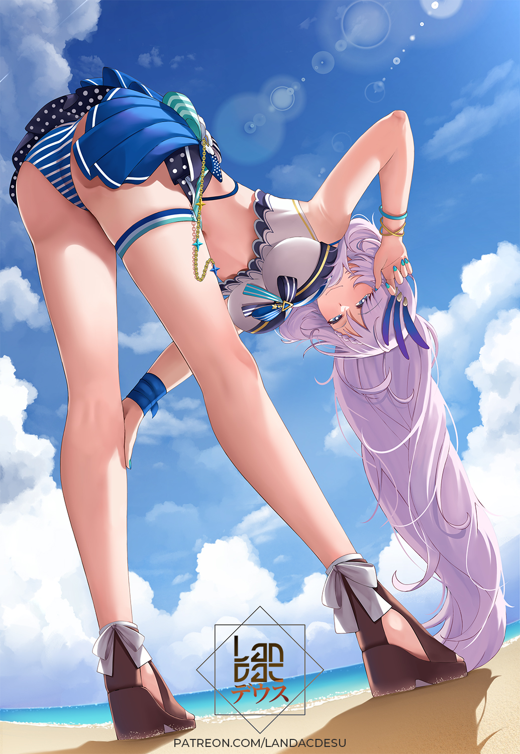 armpits beach bent_over bikini blue_eyes full_body hololive hololive_indonesia landacdeus light-skinned_female light_skin long_hair nail_polish pavolia_reine ponytail silver_hair striped_panties swimsuit thighs virtual_youtuber