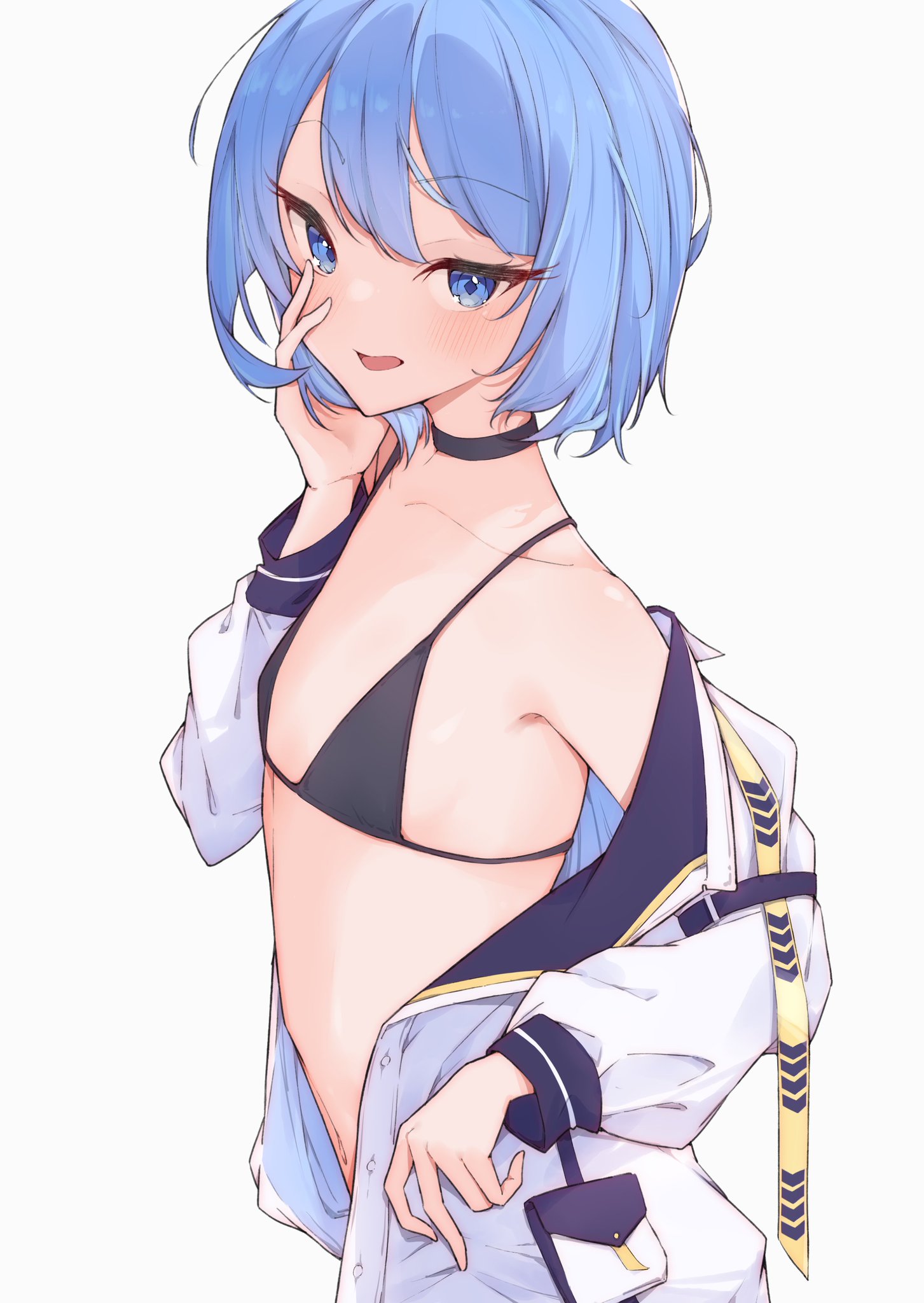 airenif, alternate hairstyle, bikini, blue hair, collar, female, flat chest, hololive, hololive gen 0, hololive japan, hoshimachi suisei, looking back, open jacket, short hair, solo, upper body, virtual youtuber, white background