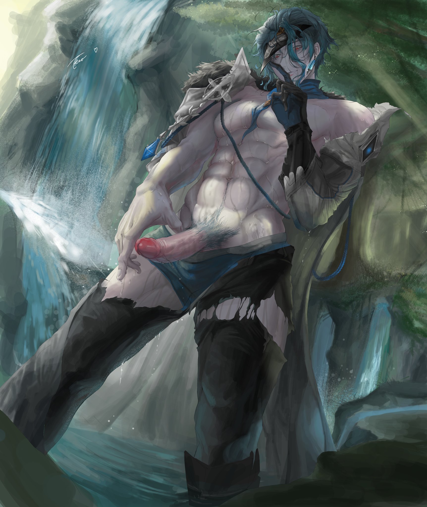 1boy, ahncenthera, dottore (genshin impact), gay, genshin impact, green underwear, male, male only, muscular, muscular male, no nipples, torn clothes, wet, wet body, yaoi