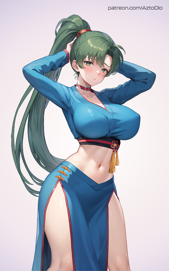 1girls, azto dio, bare midriff, blush, breasts, choker, female, female only, fire emblem, fire emblem: the blazing blade, green eyes, green hair, hands behind head, large breasts, long hair, looking at viewer, lyn (fire emblem), midriff, nintendo, nude, pelvic curtain, ponytail, pussy, solo, very long hair