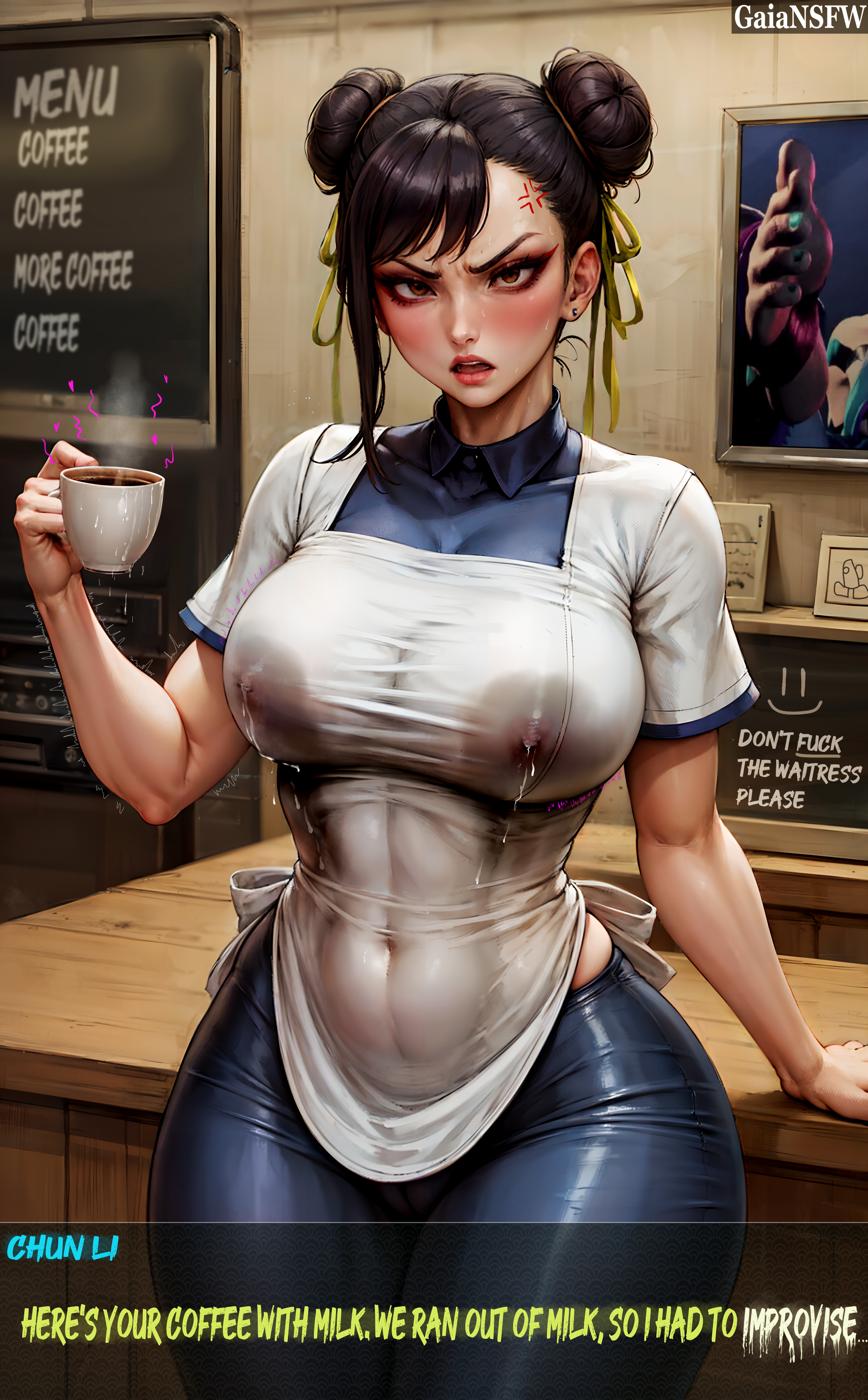 ai generated, angry face, big breasts, big thighs, breasts, chun-li, clothed, coffee, dialogue, female, gaiansfw, iced latte with breast milk, milk, milking breasts, street fighter, wet clothes